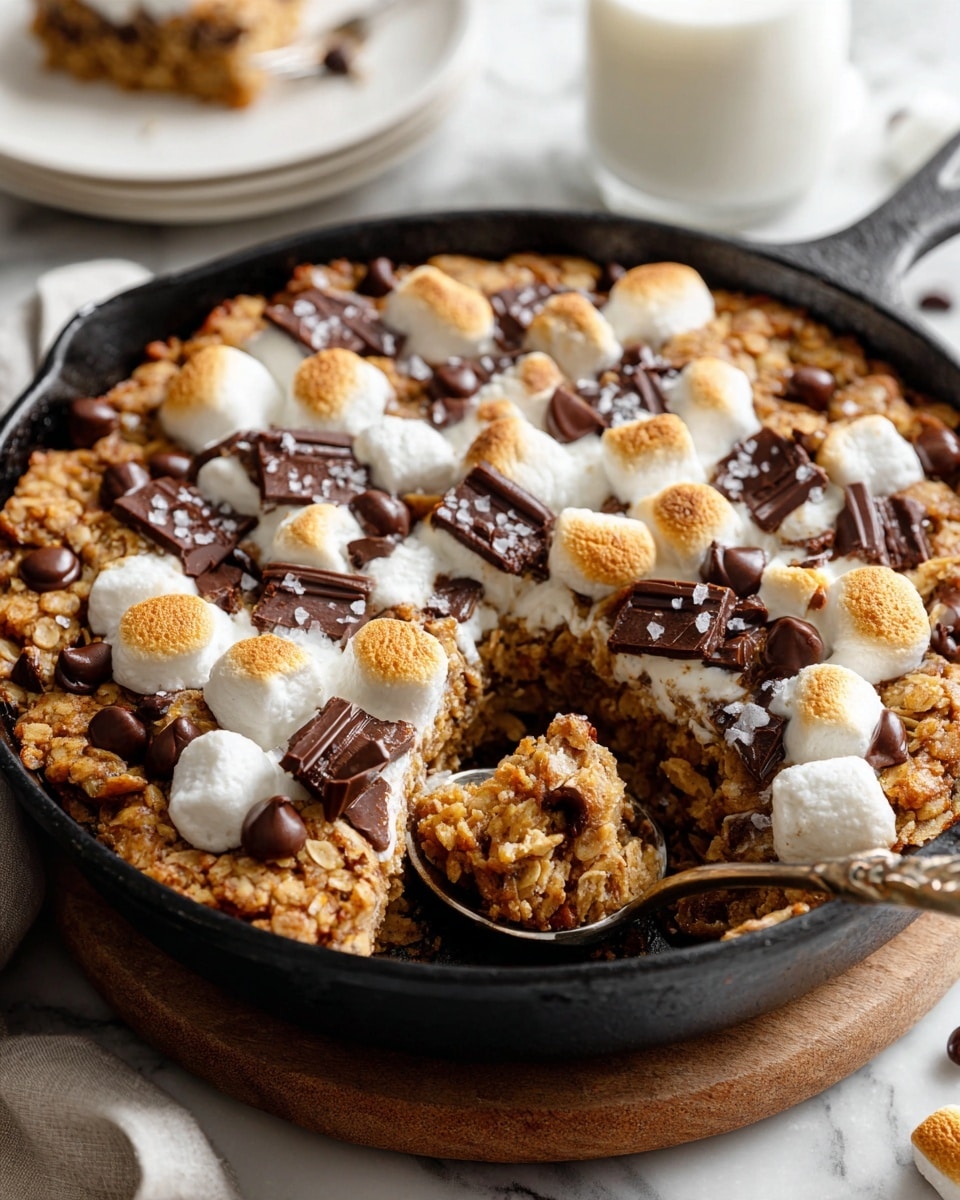 A close-up view of a cast iron skillet filled with a baked dessert featuring a thick, golden-brown base mixed with oats and chocolate chips. Scattered over the top are large toasted marshmallows with a light brown toasted skin, broken pieces of chocolate bars, and small broken pieces of graham crackers. The melted marshmallows add a soft, creamy texture contrasting with the crunchy base and chocolate chunks. The skillet rests on a wooden surface with a metal spoon inside, scooping a portion from the bottom left side. Photo taken with an iphone --ar 4:5 --v 7