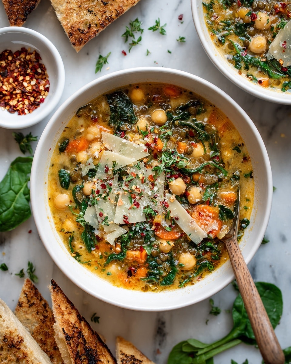 The image shows a white bowl filled with thick lentil soup. The soup has a mix of orange carrot slices, green leafy herbs, white chickpeas, and small green lentils in a light brown broth. On top, there are thin, light yellow cheese shavings scattered with small red chili flakes and chopped green herbs. A wooden spoon is dipped in the soup at the right side of the bowl. Around the bowl, fresh green spinach leaves, sliced light yellow cheese on a small plate, and toasted triangular bread pieces are placed on a white marbled surface. Photo taken with an iphone --ar 4:5 --v 7