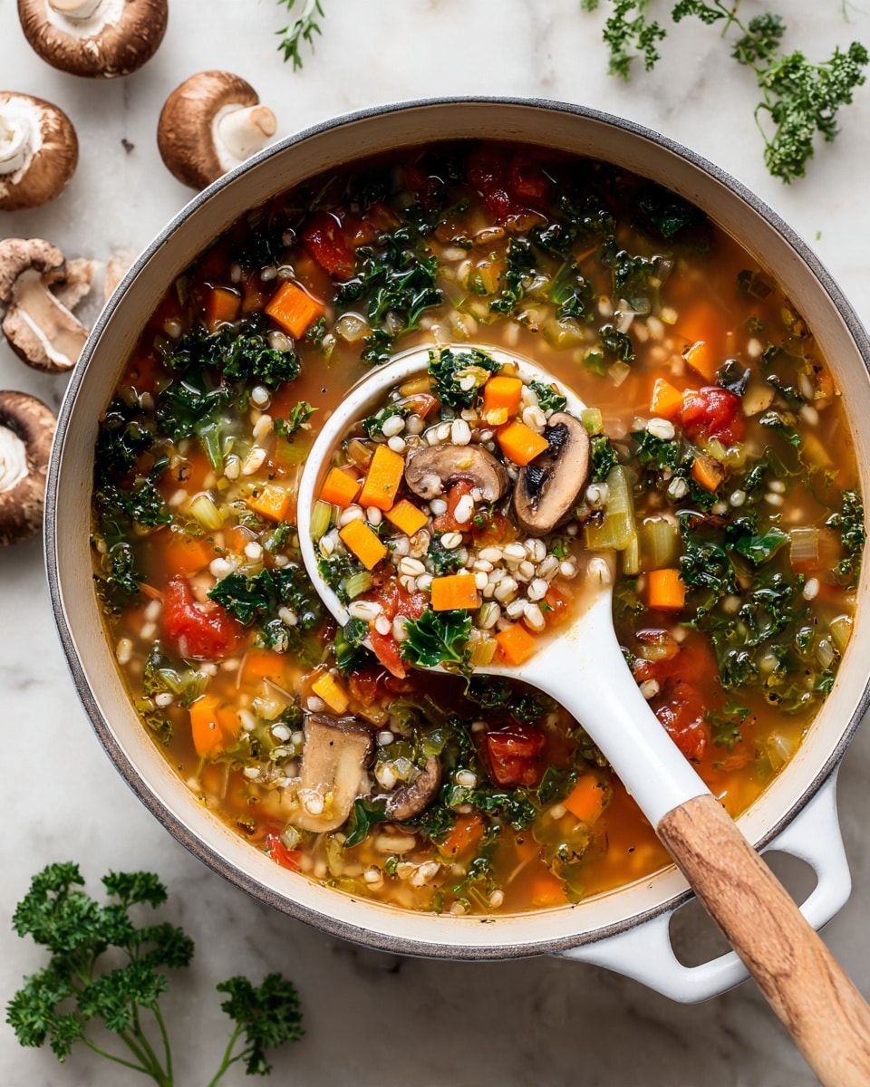 A white pot filled with a colorful vegetable soup showing about four layers of ingredients in a warm, orange broth. The top layer contains sliced mushrooms with a smooth, brown texture, chopped green leafy kale, and small diced orange carrots. Below these are pieces of celery with a pale green color and a soft texture, small tomatoes in red and orange shades, and round chickpeas. The bottom layer shows small grains that look like barley, giving the soup a hearty texture. A white ladle with a wooden handle is scooping some of the soup, showing the mix of all layers together. The pot sits on a white marbled surface, with some fresh mushrooms visible around it. photo taken with an iphone --ar 4:5 --v 7