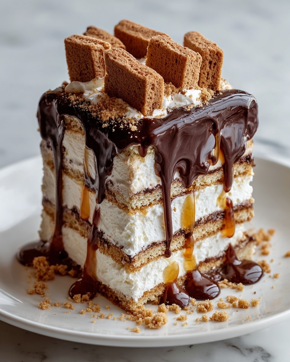 This dessert is a square-shaped layered cake on a white plate, placed on a white marbled surface. It has seven visible layers alternating between light brown cookie or biscuit layers and white cream layers. Between some cream and cookie layers, there is a thick, glossy caramel layer dripping slightly down the sides. The top is covered with a rich, shiny dark chocolate layer that drips down over the edges, and it is decorated with small, square pieces of crunchy light brown cookies evenly placed in rows. Some crumbs are scattered around the plate near the cake. Photo taken with an iphone --ar 4:5 --v 7