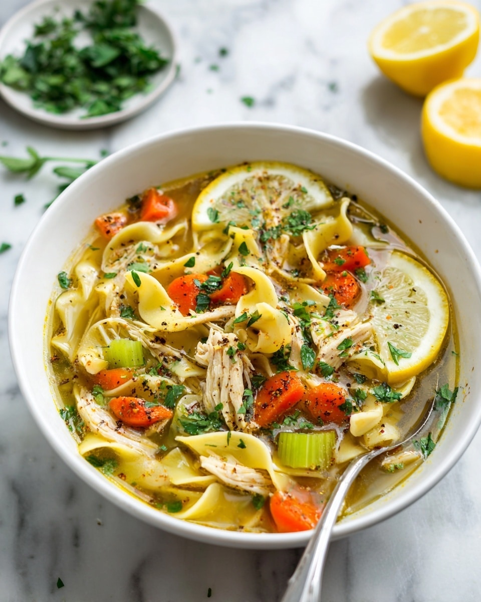 A white bowl filled with clear golden broth holding three thin, round slices of yellow lemon on the left side floating on top. Inside the soup, there are long flat noodles mixed with shredded white chicken, small orange carrot pieces, and green celery slices, all scattered evenly. Bright green chopped herbs are sprinkled across the soup surface with black pepper specks. A silver spoon rests inside the bowl on the right edge. The bowl is placed on a white marbled surface with some green herbs and a small white bowl containing red flakes nearby. Photo taken with an iphone --ar 4:5 --v 7