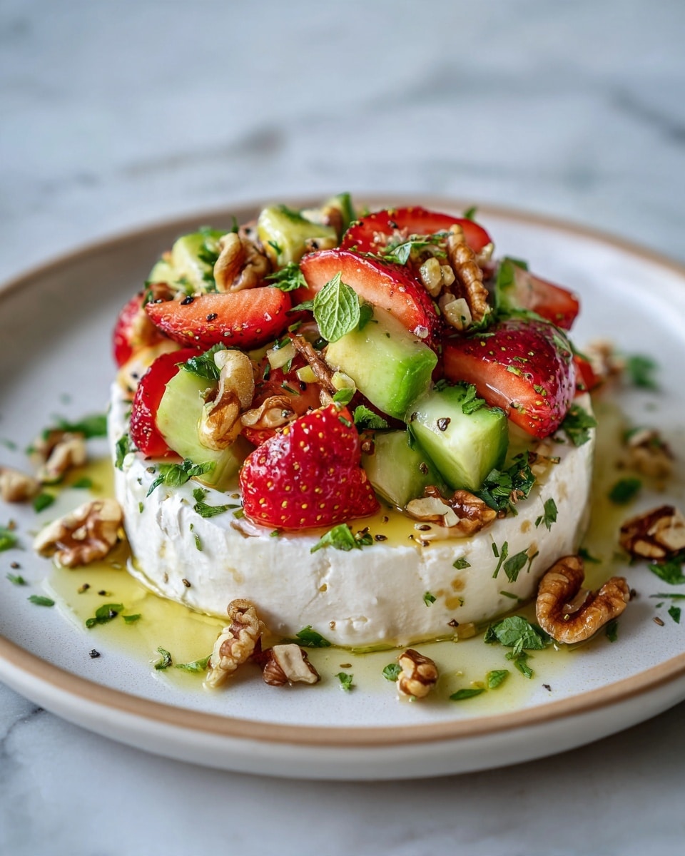 A close-up of a dish shows a white bowl filled with creamy white hummus as the base layer, smooth and spread evenly. On top, there are bright red halved strawberries, green avocado chunks, and green cucumber slices scattered across. Small pieces of brown walnuts are placed evenly, adding texture. The dish is sprinkled with tiny black chia seeds and finely chopped green herbs. A drizzle of yellow olive oil shines on the hummus and toppings. The bowl sits on a white marbled surface photo taken with an iphone --ar 4:5 --v 7