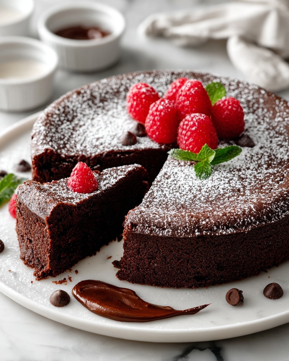 A thick, dark brown chocolate cake with a soft, moist texture is placed on a white plate set on a white marbled surface. The cake has been dusted with a light layer of white powdered sugar on top, and a triangular slice is removed and slightly pulled out, showing the rich inside. On the top center of the cake, three bright red raspberries and a small green mint leaf sit as decoration. There are a few small chocolate chips scattered near the raspberries, and a smooth swirl of dark chocolate sauce rests on the plate next to the slice. In the background, blurred white and red dishes are partially visible. Photo taken with an iphone --ar 4:5 --v 7