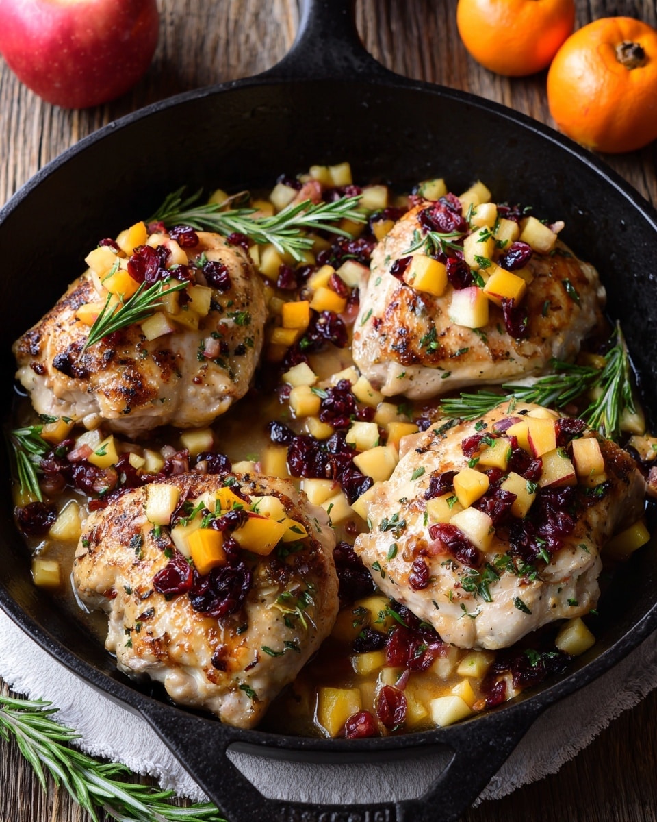 In a black pan, there are five cooked chicken pieces with a light brown, crispy outside. Each piece is topped with small yellowish-orange diced fruit and dark red dried berries scattered evenly. Bright green small rosemary sprigs are placed on top of most chicken pieces. The pan sits on a wooden surface with whole apples and a persimmon nearby, all against a white marbled background. photo taken with an iphone --ar 4:5 --v 7