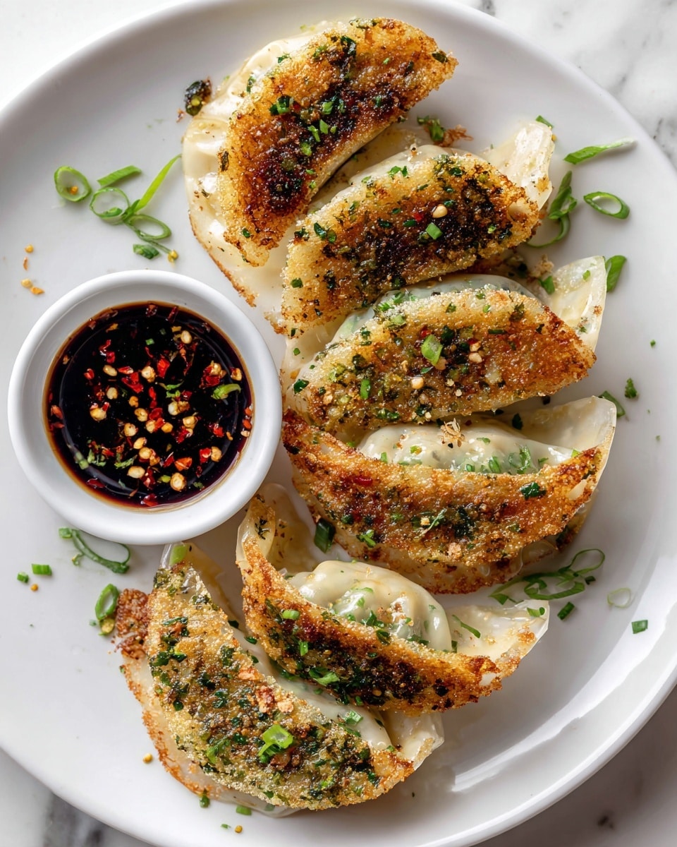A white plate holds six golden-brown pan-fried dumplings arranged in a curved line on a white marbled surface. Each dumpling has a crispy textured bottom layer that is golden with small green herb bits and sesame seeds scattered on top. The upper part is translucent with wrinkled edges showing the filling inside. A small round white dish filled with dark dipping sauce containing red chili flakes and green herbs sits on the left side of the plate. Some chopped green onions are sprinkled over the dumplings and plate for garnish. Photo taken with an iphone --ar 4:5 --v 7