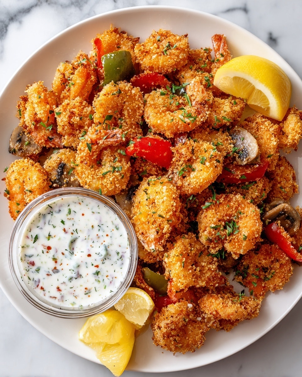 A white plate is filled with golden crispy fried shrimp mixed with sautéed red and green pepper strips and sliced mushrooms, all sprinkled with small green herb bits. On the left side of the plate, a small round glass bowl holds a creamy white sauce with green and red specks, and beside the bowl, two lemon wedges are placed. The shrimp coating shows a crunchy texture with some browned spots. The whole dish is set on a white marbled surface. photo taken with an iphone --ar 4:5 --v 7