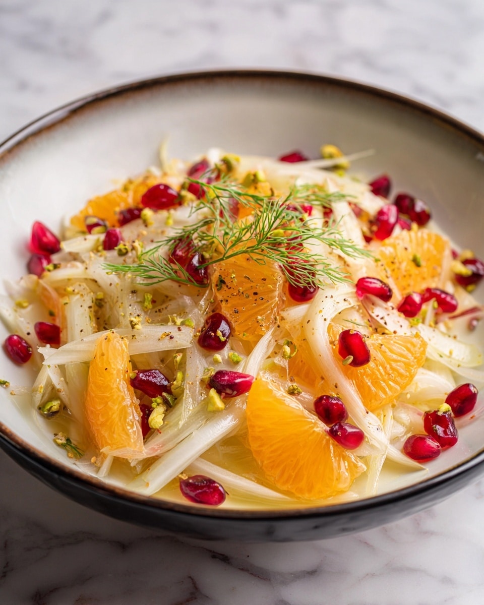 The image shows a salad served on a white plate with a dark rim. The salad has a base of thin, pale white fennel strips spread loosely in the center. On top and mixed through the fennel are bright orange mandarin slices, red pomegranate seeds scattered evenly, and small green pistachio pieces. Fresh dill sprigs with their fine green leaves are placed on top around the salad. There is a light sprinkle of ground spices on the ingredients. The plate sits on a white marbled surface. photo taken with an iphone --ar 4:5 --v 7