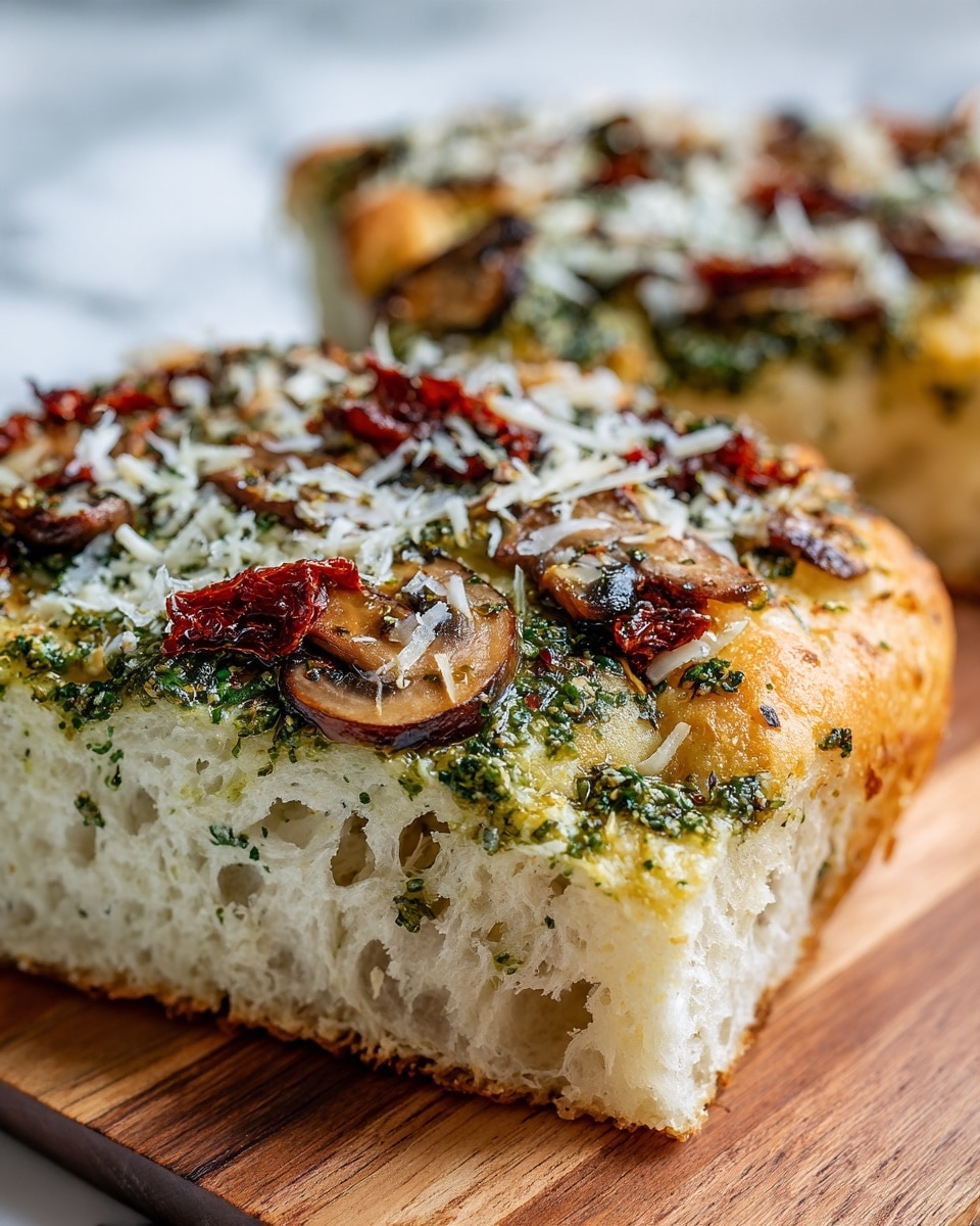The image shows a close-up of square focaccia bread slices, each with a thick golden-yellow base that looks soft and airy inside. The top layer is covered with greenish herbs and small bits of white cheese. Scattered on top are pieces of brown mushrooms and dark red sun-dried tomatoes. These ingredients create a textured and colorful look with a mix of soft bread, smooth herbs, and slightly wrinkled toppings. The bread rests on a wooden surface with some herbs scattered around. Photo taken with an iphone --ar 4:5 --v 7