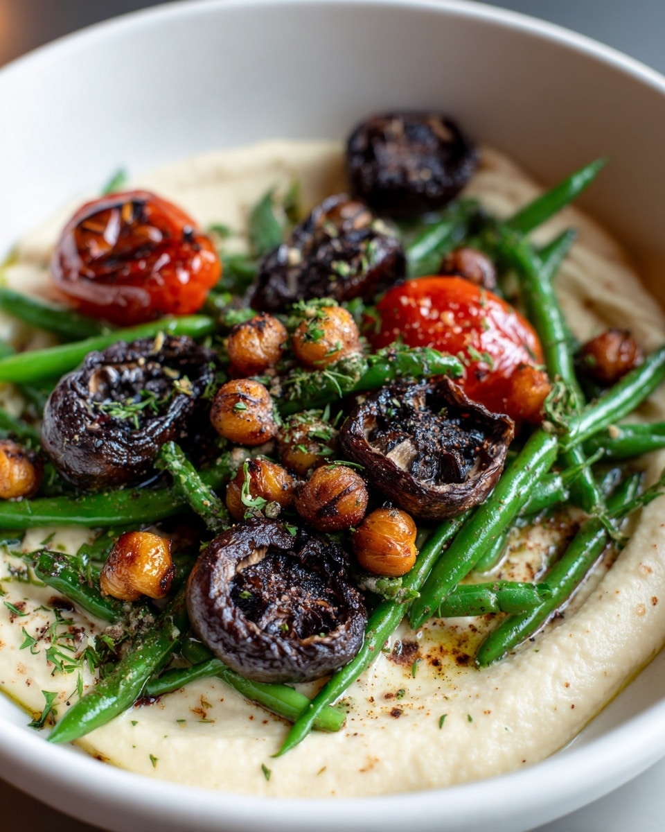 A white bowl with a base layer of smooth, creamy white spread topped with a mix of roasted chickpeas, bright red cherry tomatoes, slightly burnt dark brown mushrooms, and fresh green beans scattered all over. The top has a sprinkle of coarse seasoning with visible small bits of herbs and spices, adding texture and color contrast. The white marbled surface beneath the bowl shows some soft natural light reflections, enhancing the fresh and warm look of the dish photo taken with an iphone --ar 4:5 --v 7