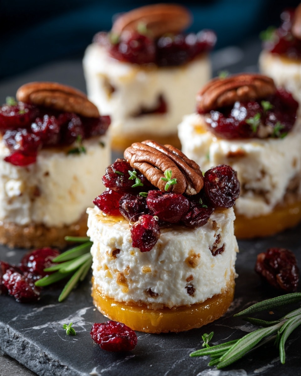 This image shows a close-up view of small round snacks made with three layers. The bottom layer is a thick, roasted sweet potato slice with a bright orange color and slightly browned edges. On top of each sweet potato slice is a dollop of creamy white cheese with a smooth texture. The cheese is decorated with dark red dried cranberries and brown pecan halves, sprinkled lightly with small green thyme leaves. The snacks are arranged on a dark surface with a few sprigs of fresh rosemary nearby, and scattered cranberries add extra color around them. photo taken with an iphone --ar 4:5 --v 7