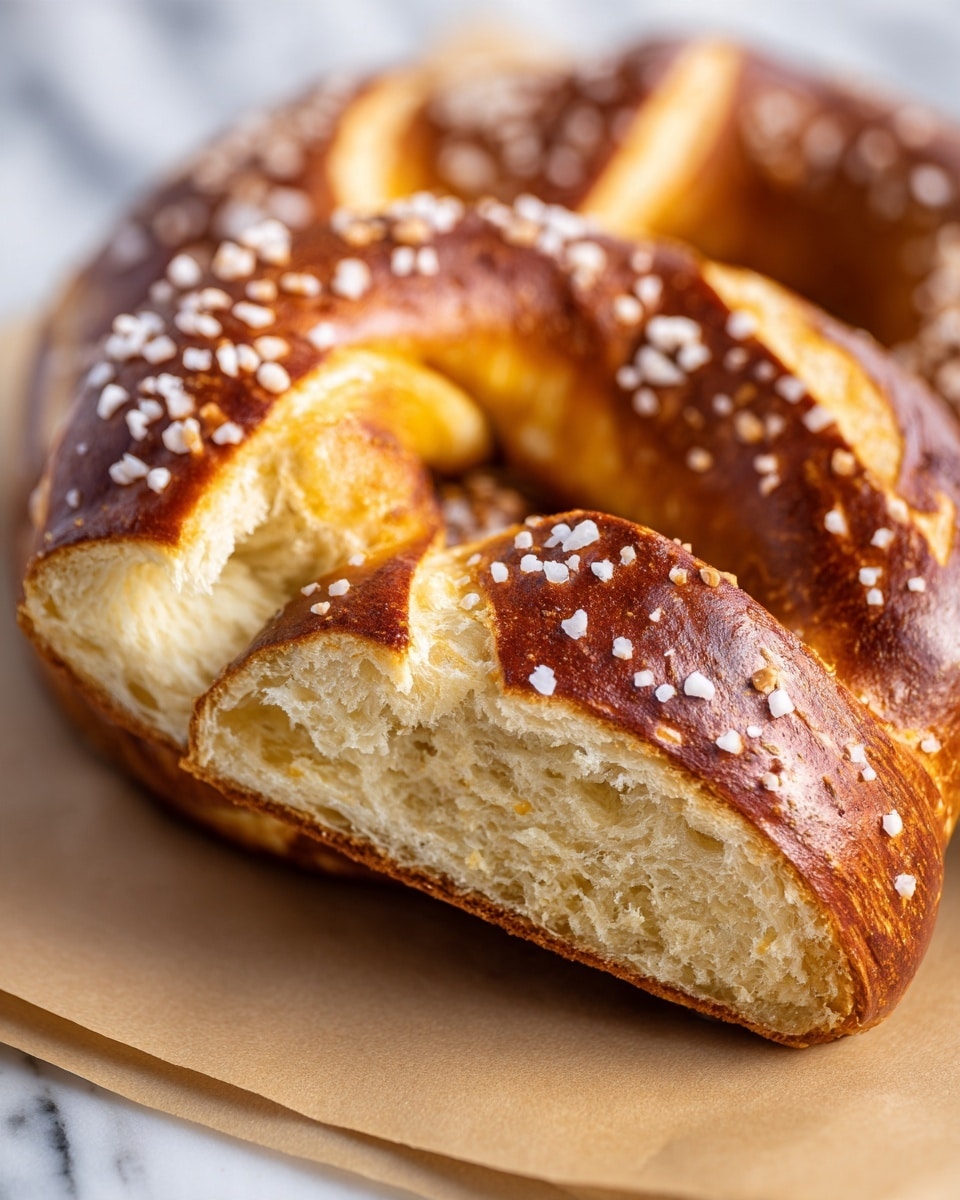 A close-up view of a soft pretzel with a golden-brown, crispy outer layer covered in coarse salt crystals, showing clear texture of its twisted shape on top. The inside reveals a light, airy, and fluffy inside with an open crumb structure in a pale beige color. The pretzel rests on a piece of brown parchment paper on a white marbled surface. Photo taken with an iphone --ar 4:5 --v 7