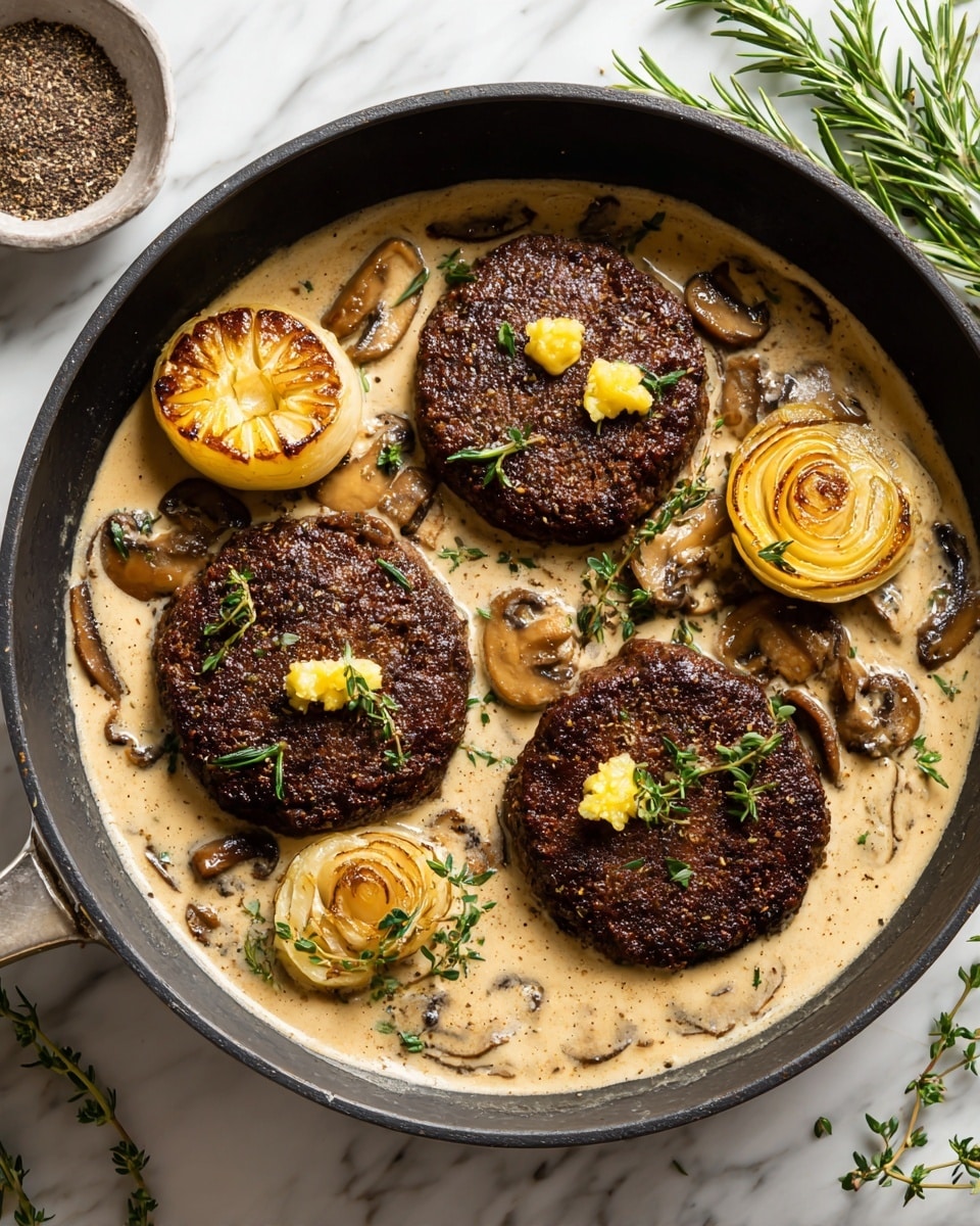 A black pan holds three thick, dark brown, cooked patties with a slightly crispy surface sprinkled with small green herb leaves and pieces of golden roasted garlic on top. These patties sit in a creamy light beige sauce filled with light and dark brown mushroom slices and scattered fresh herb sprigs, including rosemary and thyme. Two halves of roasted garlic heads with a golden brown, slightly caramelized surface are placed among the patties. The entire scene is set against a white marbled surface, with a small white bowl filled with black pepper visible on the side. photo taken with an iphone --ar 4:5 --v 7