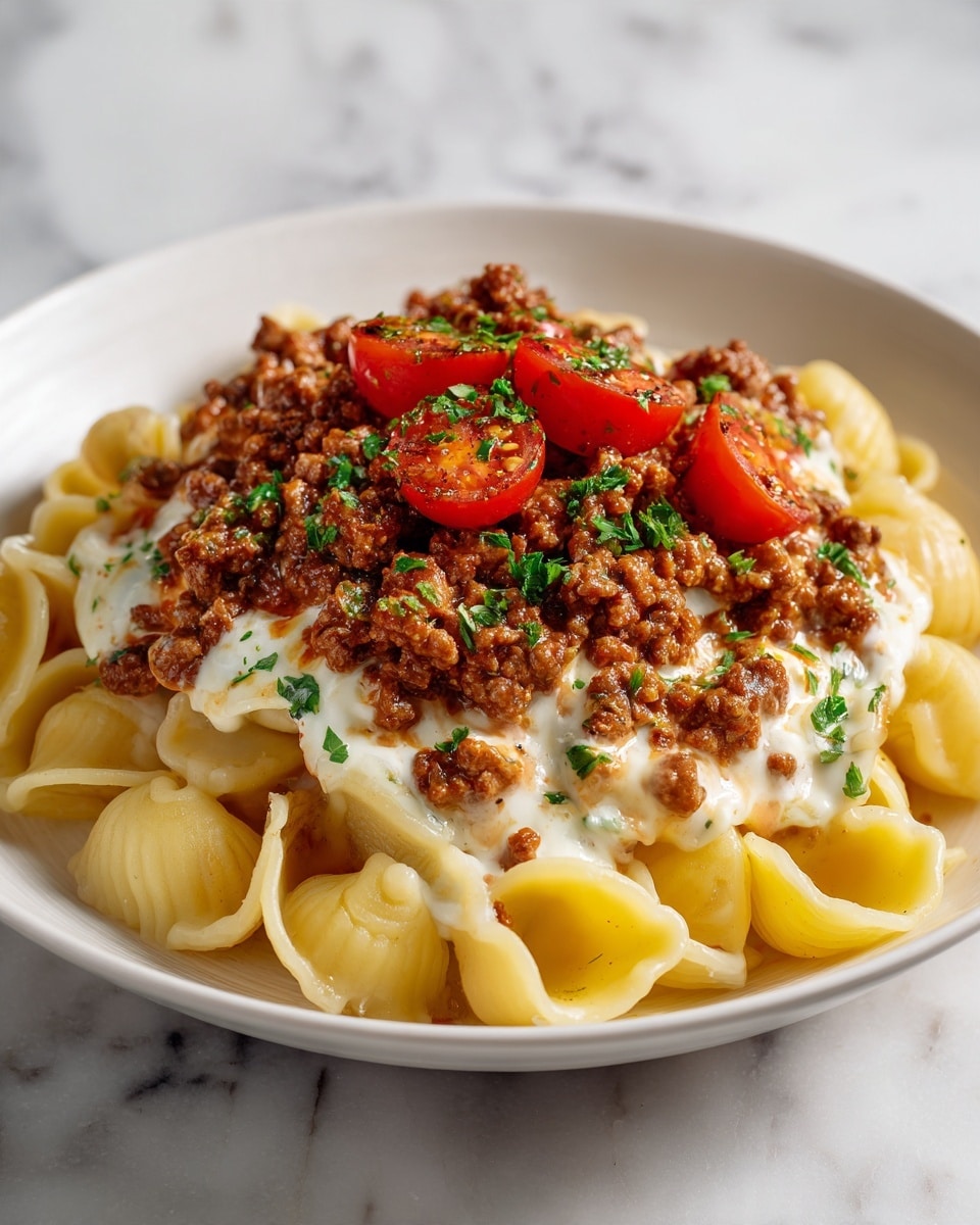 The dish shows three main layers on a round white plate placed on a white marbled surface. The bottom layer is pale yellow shell pasta, arranged in a loose circle around the edge of the plate. On top of the pasta is a thick layer of white creamy sauce, soft and smooth in texture, partly covering the pasta. The top layer is ground meat mixed with a red-brown sauce, spread evenly over the creamy layer. Bright red cherry tomatoes, sliced in half, are scattered in the center over the meat, along with small green parsley leaves sprinkled around the top for color contrast. Photo taken with an iphone --ar 4:5 --v 7
