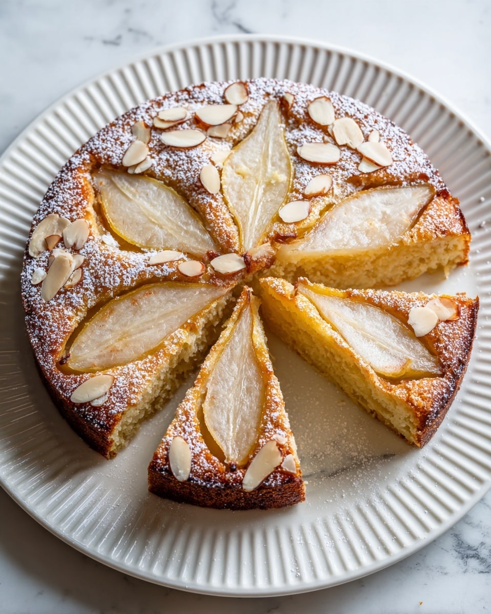 A round cake with a golden-brown crust sits on a white plate with ridged edges, placed on a white marbled surface. The cake is divided into four sections, each containing a fan of thinly sliced, caramel-colored baked pears that rise slightly above the cake surface. The top of the cake has a light dusting of powdered sugar and is decorated with thin, light beige almond slices scattered across the cake. The cake texture looks soft and spongy with a slightly crisp outer edge. The photo taken with an iphone --ar 4:5 --v 7