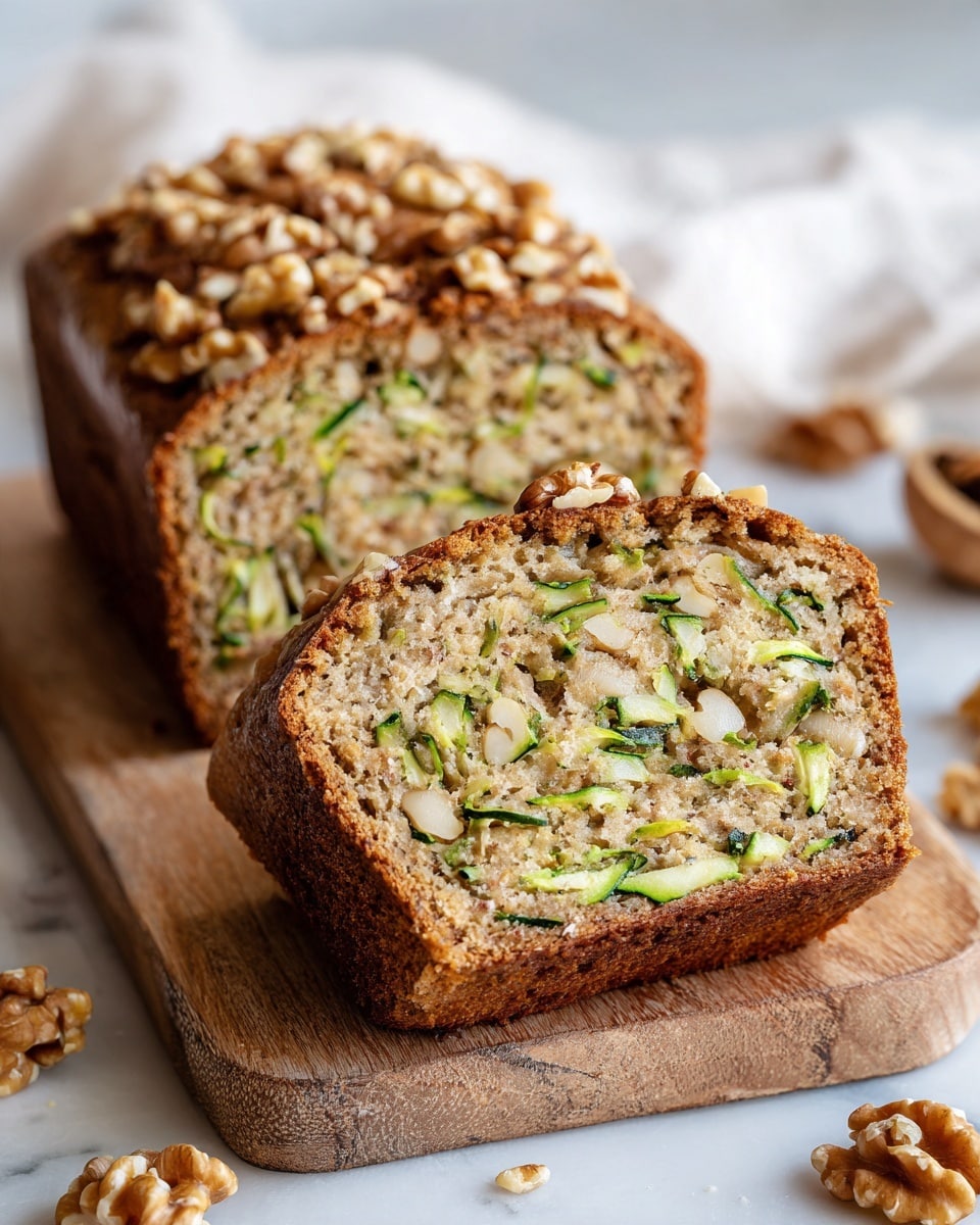 A close-up view of a loaf of zucchini nut bread sitting on a wooden board, with two thick slices cut in front showing the inside texture. The bread has a moist, light brown crumb with visible green zucchini shreds and pieces of nuts spread evenly throughout. The crust is darker brown with a rough texture and is topped with whole walnut halves. Some crumb and nuts are scattered around the board. The background is a white marbled texture. Photo taken with an iphone --ar 4:5 --v 7