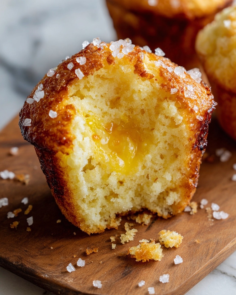 A close-up view of a golden-brown muffin with a rough sugary top layer and a soft, spongy inside is shown. The muffin is broken open, revealing a thick layer of melted butter and caramelized orange fruit inside the center. The texture of the muffin is light and airy with small holes visible in the crumb. The edges of the muffin have a darker, crispy crust. The muffin sits on a wooden surface with crumbs scattered around. The background has a soft focus showing more muffins. Photo taken with an iphone --ar 4:5 --v 7