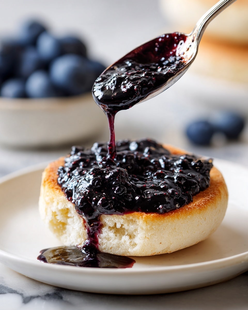 A close-up of a toasted bagel cut in half with a rough, golden-brown crust and soft crumb inside, placed on a white plate. A thick, shiny layer of dark purple jam with a slightly chunky texture is spread unevenly over the top of the bagel. A spoon held by a woman's hand is dripping more rich, glossy jam onto the center of the bagel. In the blurred background, there are some dark blueberries. The whole scene is set on a white marbled surface. photo taken with an iphone --ar 4:5 --v 7