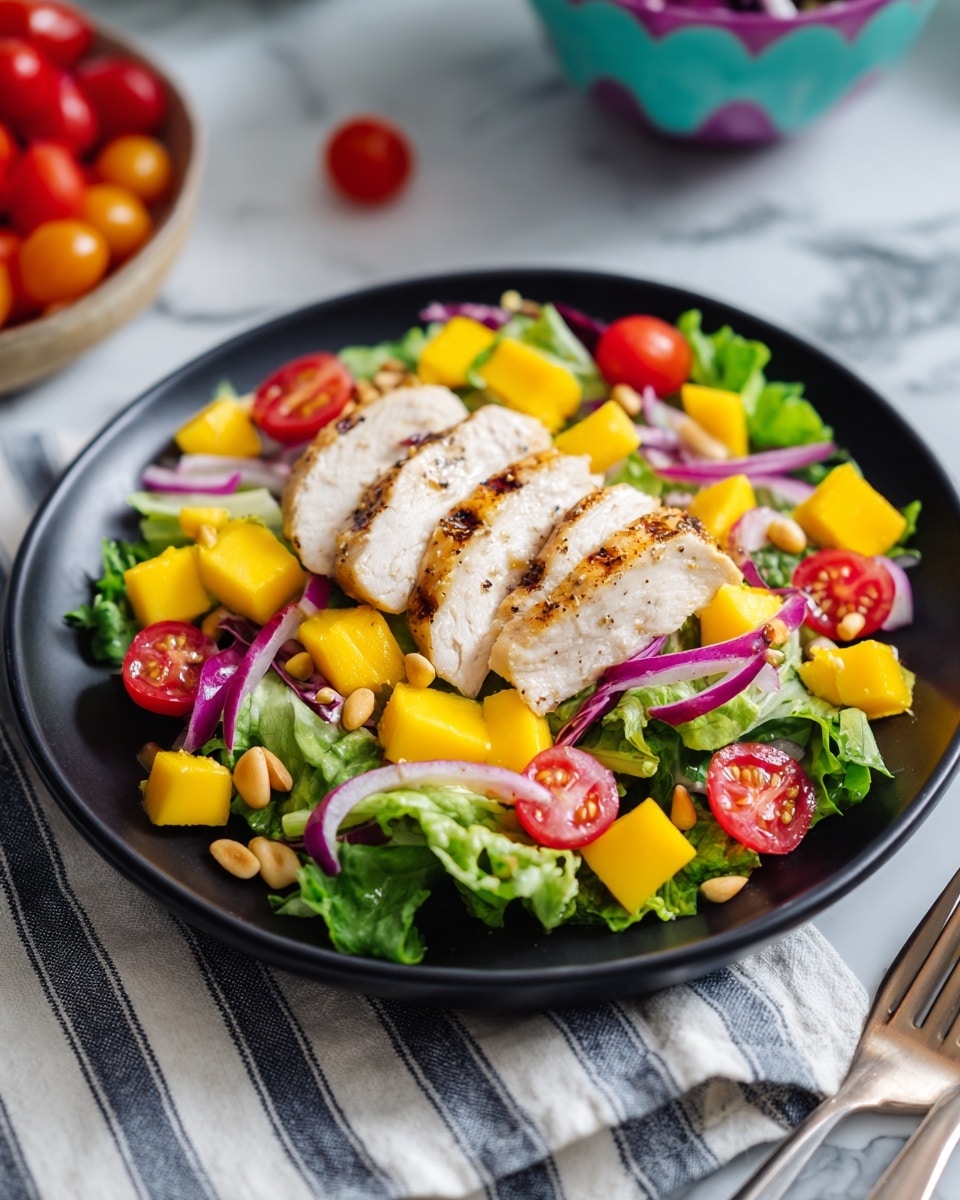 A salad served on a large white plate with a base layer of fresh green lettuce leaves spread evenly. On top, there are halved bright red cherry tomatoes and small yellow mango pieces scattered throughout. Thin slices of cooked white chicken pieces are placed over the vegetables. A few thin rings of purple onion and some small pine nuts are also visible, adding texture. The plate is on a white marbled surface with a checkered cloth beneath it. Photo taken with an iphone --ar 4:5 --v 7