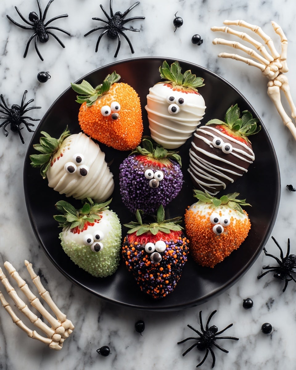 A white marbled surface holds a black round plate with ten strawberries decorated for Halloween. Three strawberries are dipped in white coating with two candy eyes near the top and chocolate chip mouths near the bottom, giving them surprised faces. Two strawberries are coated in green sugar with candy eyes on top. Two strawberries are coated in orange sugar, with one having two candy eyes and a chocolate chip mouth while the other is plain. Two strawberries are dipped in chocolate and covered in small orange, purple, and green round sprinkles, and one strawberry is dipped in white coating with white drizzle lines and two candy eyes. Two plastic skeleton hands are reaching toward the plate, and two black plastic spiders are on the white marbled surface near the top left and bottom right. photo taken with an iphone --ar 4:5 --v 7