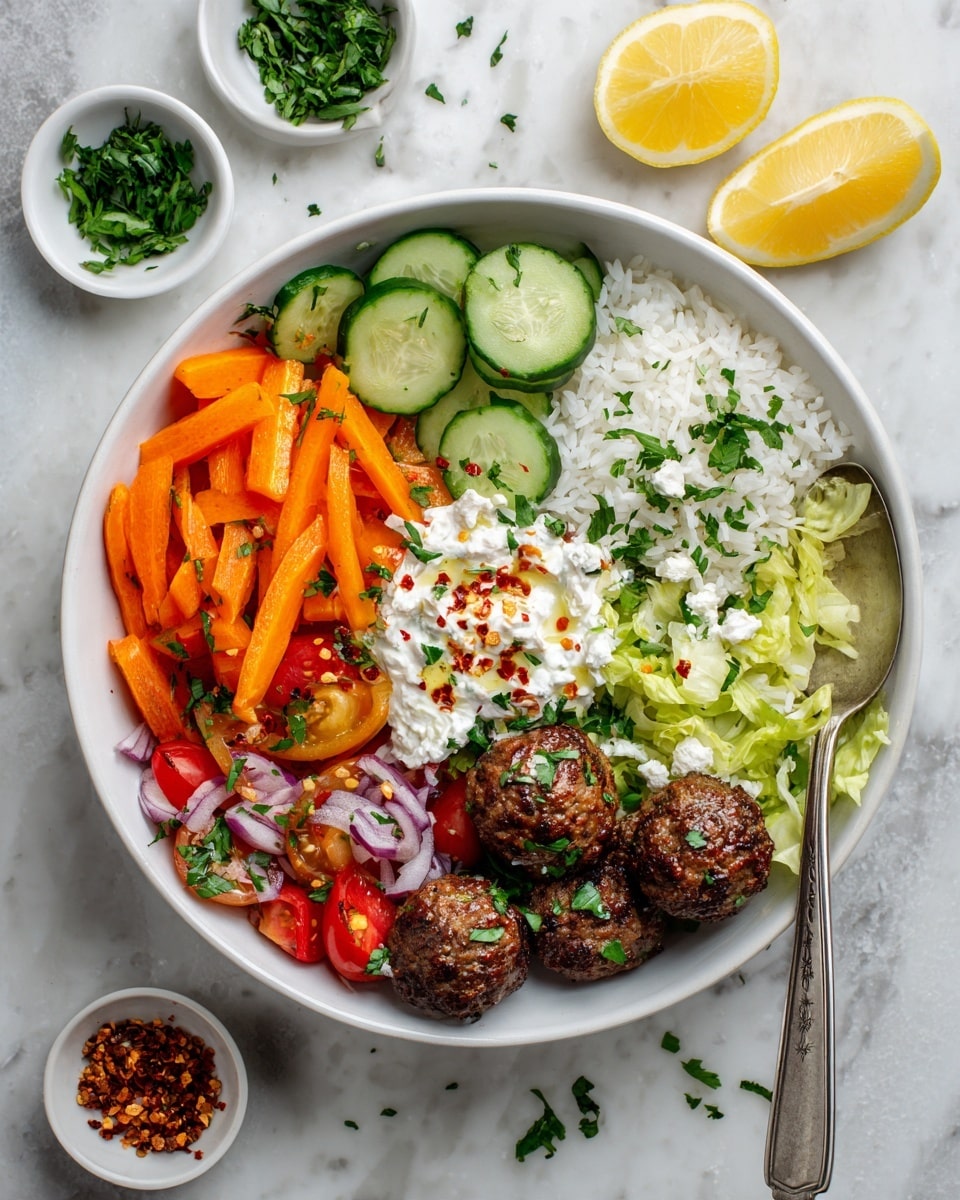 A white bowl sits on a white marbled surface filled with several layers. On the bottom right, there is a bed of shredded green lettuce. Above it on the right side are five dark brown meatballs with a textured surface. To the top right, there is a mound of white rice sprinkled with green herbs and red chili flakes. The center has a white sauce with green herbs and red chili flakes too. On the left side are bright orange carrot sticks. Below the carrots is a mix of sliced cucumbers, cherry tomato halves, and white bits of cheese with some red onion. A lemon wedge sits at the bottom center next to the tomatoes. Around the bowl, small white dishes hold chopped green herbs and red chili flakes, with lemon wedges nearby. A silver spoon rests on the lettuce inside the bowl. Photo taken with an iphone --ar 4:5 --v 7