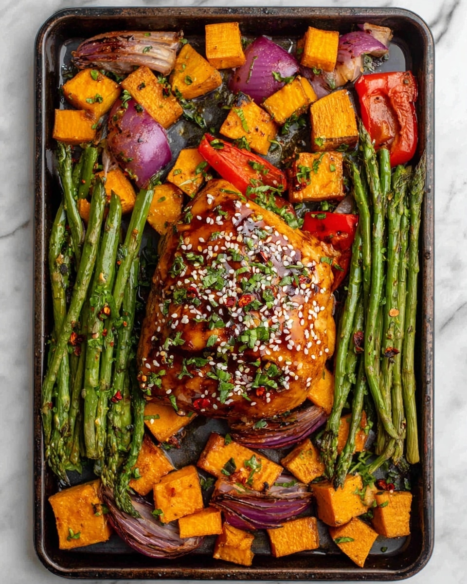 A close-up view of a cooked dish with one main piece of golden brown, glazed chicken topped with sesame seeds and small green herb pieces in the center. Surrounding the chicken are several green beans, bright orange chunks of roasted carrots, red bell pepper pieces, and chunks of purple onion. The vegetables look cooked with a slight char and a shiny coating from the sauce, all on a baking tray. The whole scene rests on a white marbled surface. photo taken with an iphone --ar 4:5 --v 7
