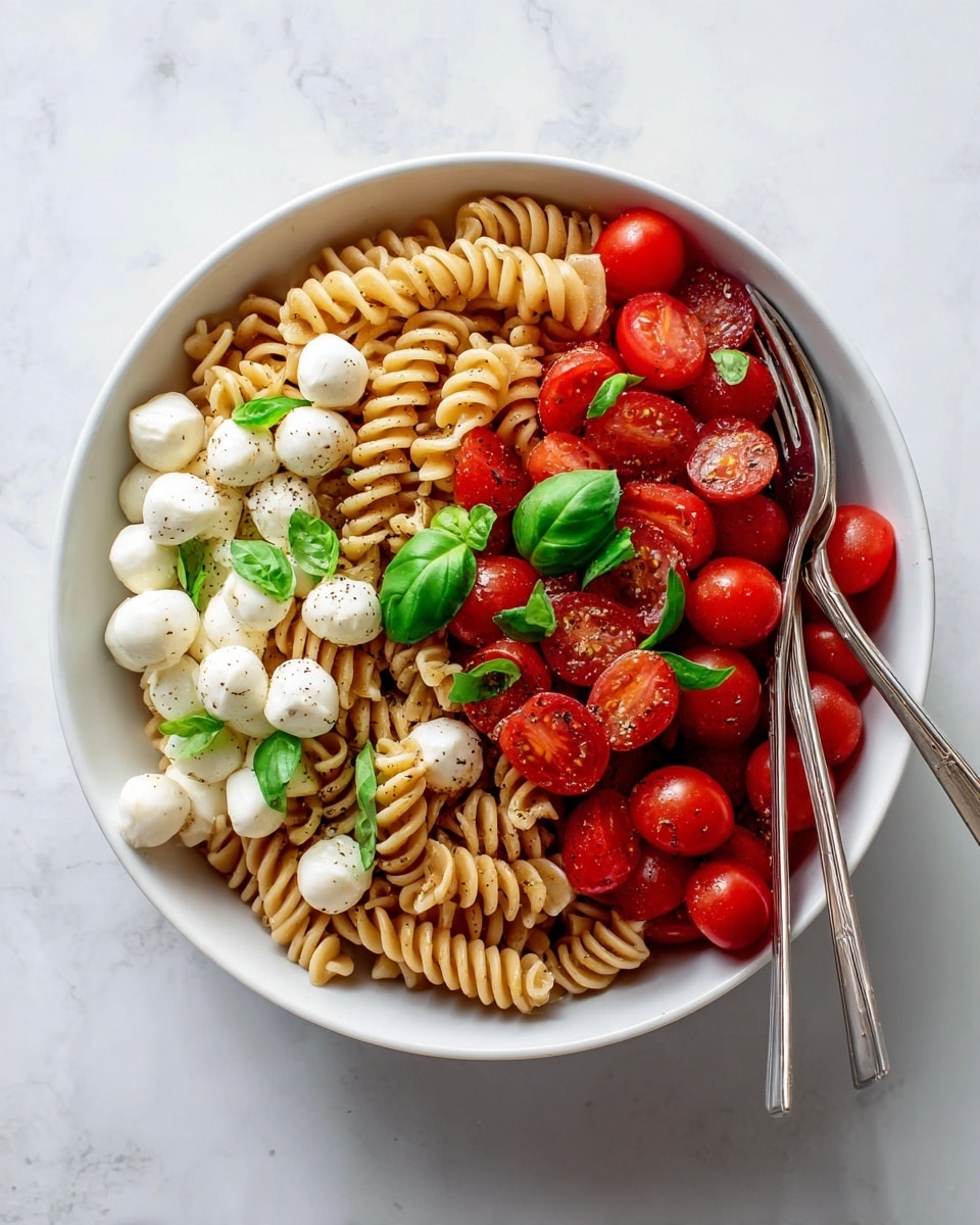 The image shows a white bowl filled with fusilli pasta salad. The pasta is light beige and mixed with small white mozzarella balls scattered evenly. Bright red cherry tomato halves are mixed throughout, and fresh chopped green basil is sprinkled on top, adding a fresh look. There are small black pepper specks evenly spread over the salad. Two metal utensils sit in the bowl on the right side. The bowl is placed on a wooden surface with a white marbled background. Photo taken with an iphone --ar 4:5 --v 7