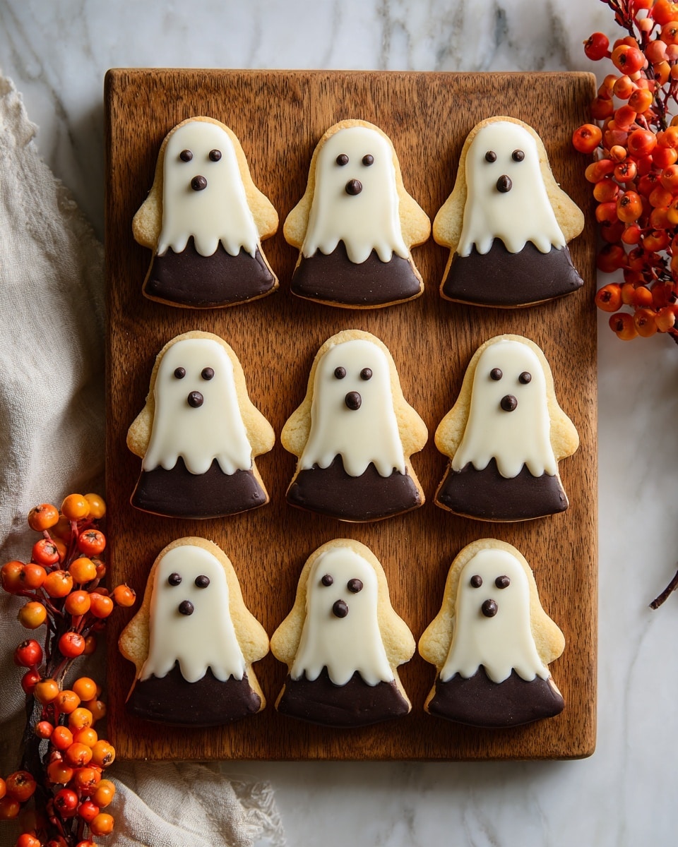 The image shows a wooden tray holding eight small ghost-shaped cookies arranged in two rows. Each cookie has two layers: the bottom layer is a light brown baked cookie base with slightly rounded edges, and the top layer is smooth white icing covering most of the cookie except the bottom edge. Each ghost face features three small dollops of dark chocolate for eyes and a mouth, giving them a surprised or spooky look. A small bunch of red-orange berries sits at the top left corner for decoration. The background is a white marbled texture. photo taken with an iphone --ar 4:5 --v 7