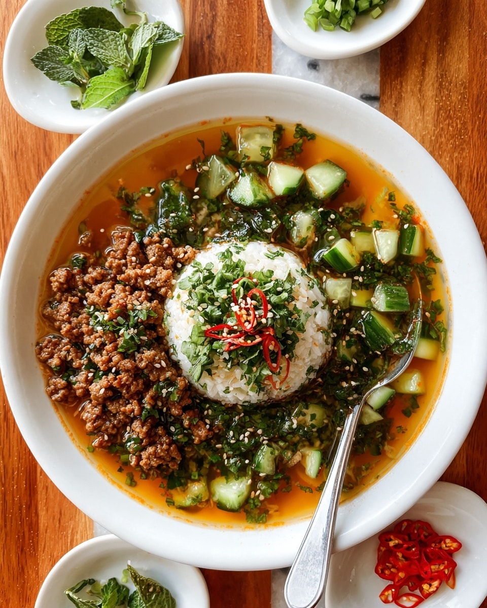 A white bowl filled with a layered dish showing a thick light brown soup base with green parsley and small cucumber pieces floating. Inside, a mound of light brown rice sits in the middle, topped with chopped green onions, white sesame seeds, and red pepper flakes. On one side of the rice, there is brown minced meat sprinkled with the same chopped green onions and seeds. A metal spoon rests on the right edge inside the bowl. Around the bowl are small white bowls holding sliced green onions and crushed red pepper flakes on a white marbled texture. A small white sauce pitcher with brown liquid sits on the surface as well. photo taken with an iphone --ar 4:5 --v 7