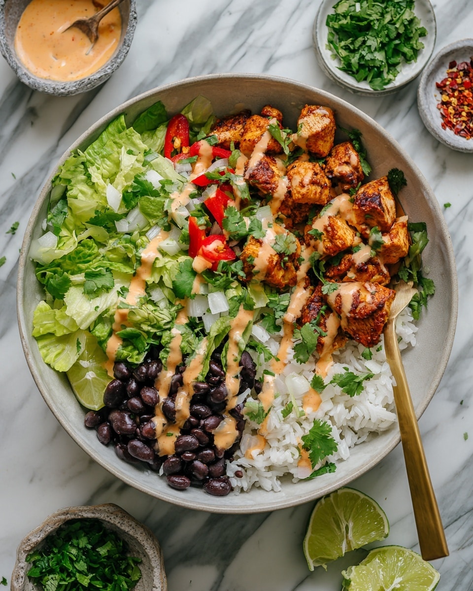 A white bowl filled with white rice as the base layer, topped with black beans on one side and shredded green lettuce on another side. Over the rice and beans, there are sautéed golden-brown pieces of chicken mixed with green and red bell peppers and onions. The dish is drizzled with an orange creamy sauce and sprinkled with fresh chopped cilantro and small red pepper flakes. Two lime wedges are placed near the edge of the bowl. A gold spoon is partially inside the bowl on the right side, resting on the white marbled surface with small bowls of chopped green cilantro and red pepper flakes nearby, photo taken with an iphone --ar 4:5 --v 7
