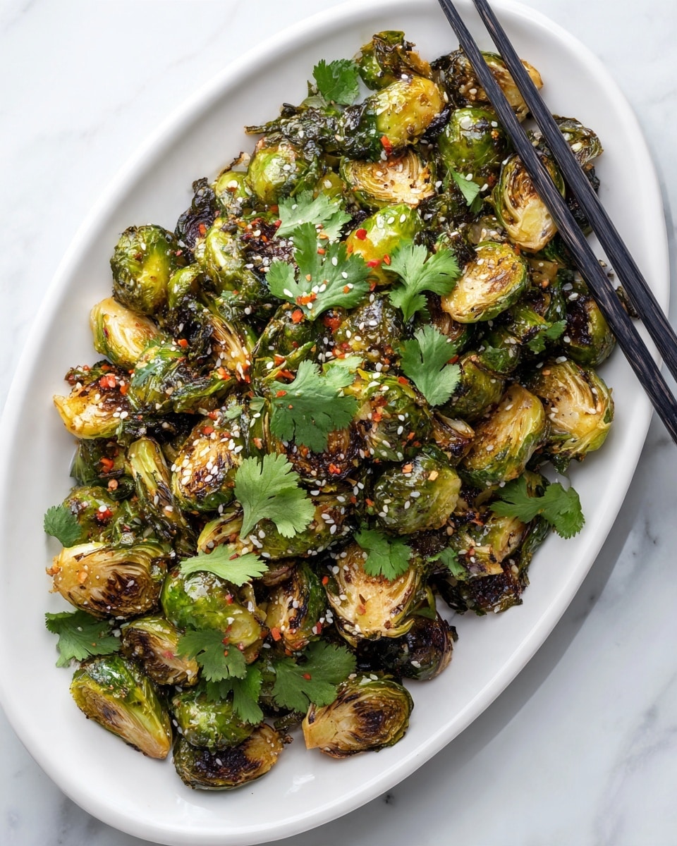 A white bowl filled with roasted Brussels sprouts that have a mix of golden brown and charred darker green colors, showing crispy edges and tender centers. The sprouts are sprinkled with white sesame seeds and red chili flakes, adding texture and tiny white and red spots over the green and brown layers. Fresh green cilantro leaves are scattered throughout, providing fresh color contrast. Black chopsticks rest on the right side of the bowl placed on a white marbled surface. Photo taken with an iphone --ar 4:5 --v 7