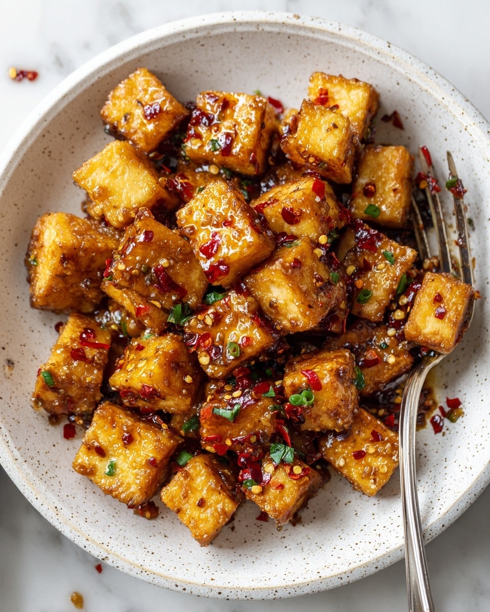 The dish shows many small golden-brown cubes of tofu stacked loosely on a white speckled plate with a rim. The tofu pieces have a shiny, sticky sauce layer glistening in warm orange and brown tones, scattered with bright red chili flakes and fresh chopped green chives on top. The plate sits on a white marbled surface, and a silver fork is partially visible to the right side of the plate, slightly under some tofu pieces. photo taken with an iphone --ar 4:5 --v 7