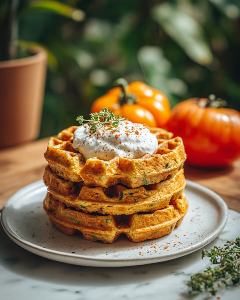 A stack of three golden brown waffles sits in the center of a white plate on a white marbled surface. The waffles have a textured, crispy look with some green flecks visible inside. On top of the stack is a dollop of creamy white sauce sprinkled lightly with reddish spice. In the blurred background, there are two whole tomatoes, one red and one yellow, with green leafy plants and wooden chair spindles. The scene looks natural and fresh with soft light. photo taken with an iphone --ar 4:5 --v 7