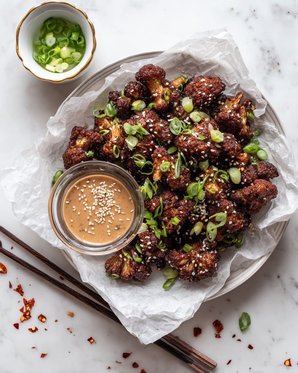 A white plate lined with crinkled white parchment paper holds several dark brown, sticky glazed pieces of cauliflower topped with white sesame seeds and chopped green onions. In the center of the plate is a small glass bowl filled with a light brown sesame seed sauce. To the upper left of the plate is a small white bowl with chopped green onions scattered around it. On the lower right side of the image, near the plate, there is a pair of dark wooden chopsticks resting on the white marbled surface, which serves as the backdrop. photo taken with an iphone --ar 4:5 --v 7