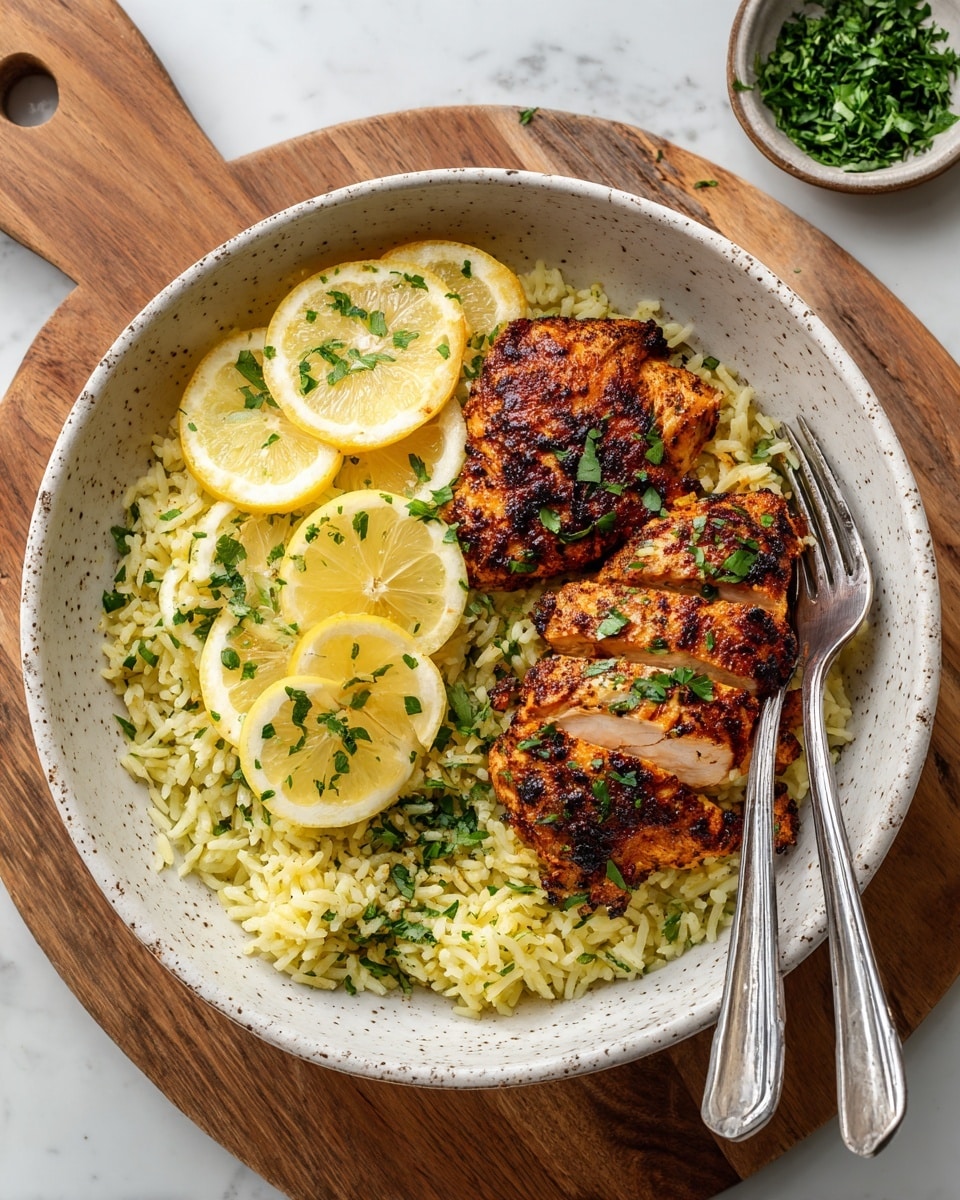 A white speckled bowl holds two grilled pieces of seasoned chicken with a crispy, dark golden-brown crust, placed on a bed of fluffy yellow rice mixed with herbs. Two thin lemon slices rest on the left side of the bowl, atop fresh green parsley. The dish is sprinkled with finely chopped green herbs and tiny red chili flakes over the chicken and rice. Two silver forks lie on the right side inside the bowl. The bowl is set on a wooden board, beside a small bowl of chopped green chives, all on a white marbled surface. Photo taken with an iphone --ar 4:5 --v 7