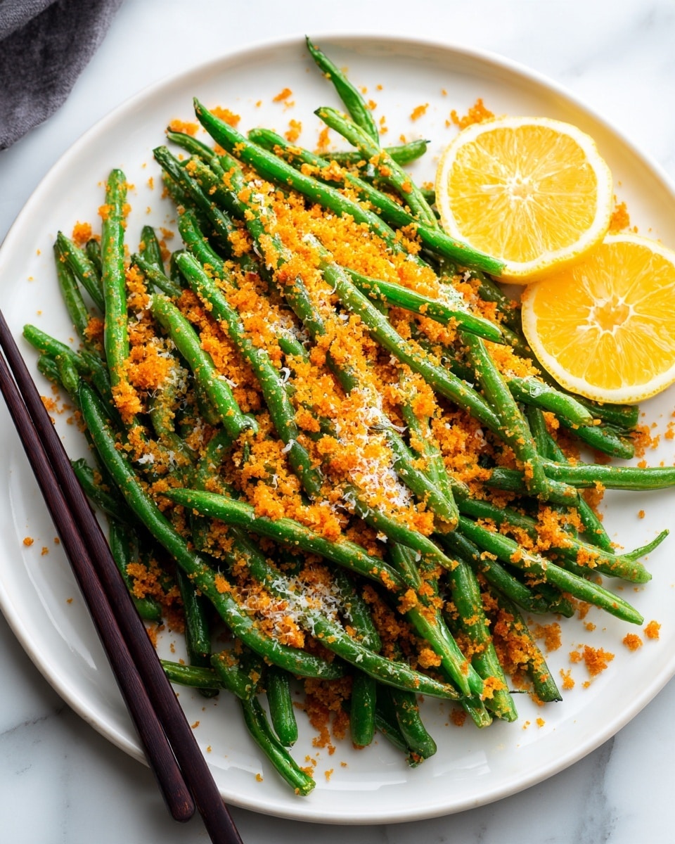 A white plate holds a pile of bright green cooked asparagus spears, topped with a generous layer of golden-brown crispy crumbs spread evenly over the vegetables, with small bits of white grated cheese sprinkled on top. On the right side of the plate, two thin lemon slices rest partially on the asparagus, adding a fresh yellow contrast. Black chopsticks lay across the bottom left edge of the plate, and the plate sits on a surface with a white marbled texture. In the background, there are blurred white bowls stacked on a wooden surface. Photo taken with an iphone --ar 4:5 --v 7