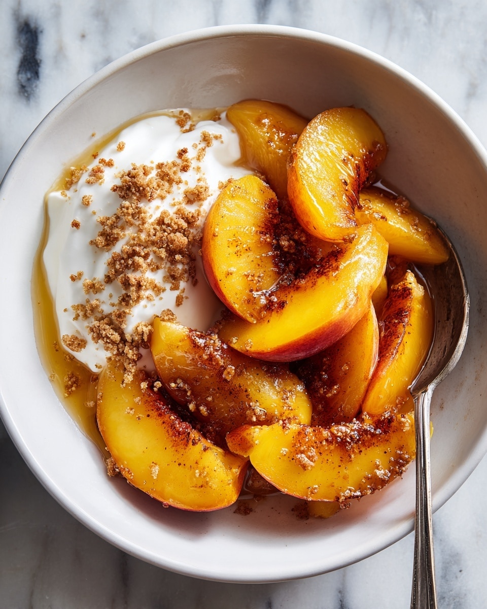 A white bowl is filled with roasted peach slices that have a warm brown and reddish color with a slightly caramelized texture, stacked on the right side. On the left side, there is a creamy white yogurt layer with a smooth texture, topped with brown crumbly bits sprinkled over both the yogurt and peaches. A silver spoon rests on the bottom inside edge of the bowl. The bowl sits on a light brown wooden board placed on a white marbled surface, with scattered crumbs visible around. In the background, a small dish with extra brown crumbs and a honey dipper with honey are partially visible. Photo taken with an iphone --ar 4:5 --v 7