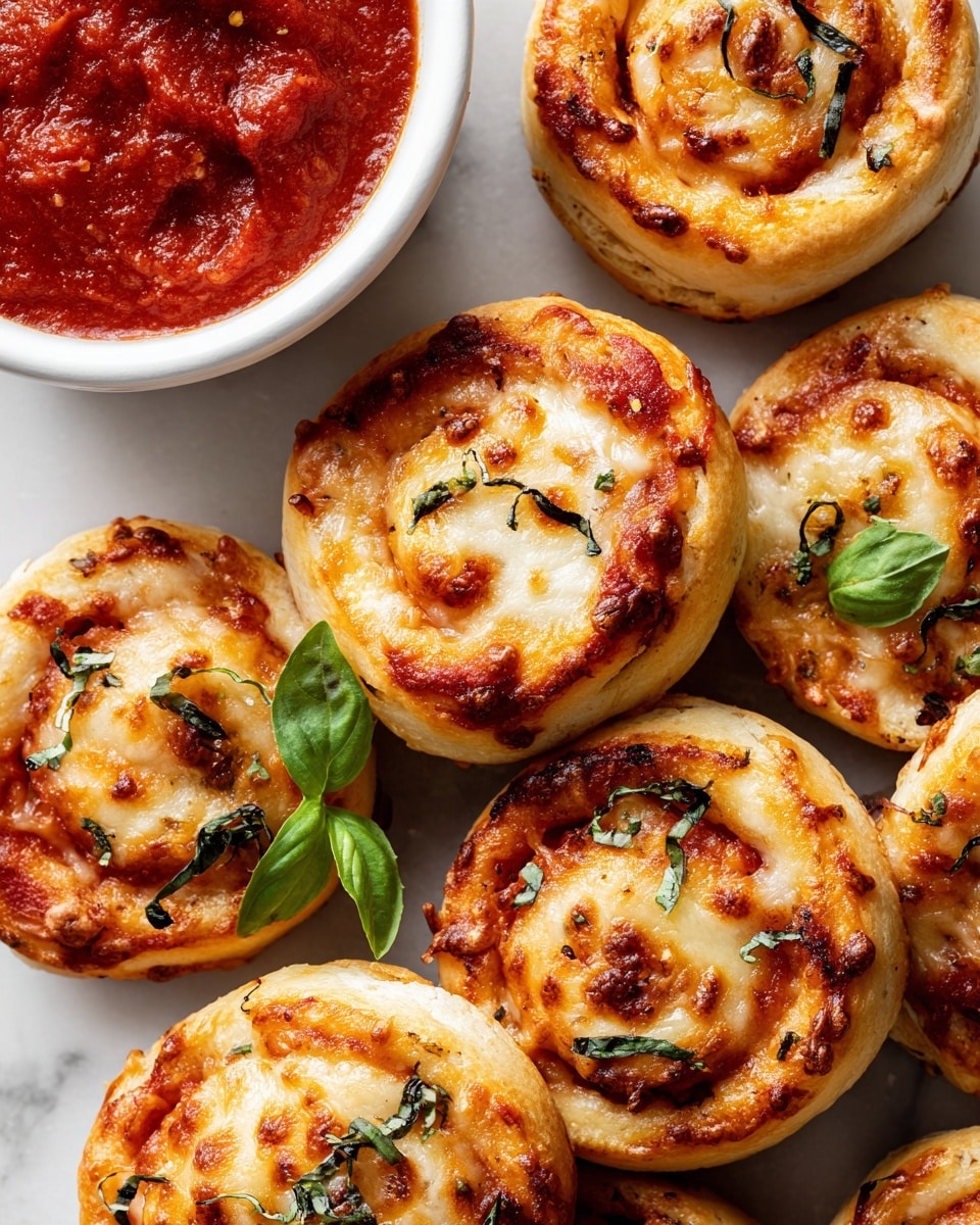 A close-up view shows many pizza pinwheels arranged on a white marbled surface with a small white bowl filled with bright red marinara sauce near the top left. Each pinwheel has about three visible layers: a golden-brown outer dough layer, a middle layer of melted light-orange cheese mixed with small bits of green basil and black olives, and a vibrant red tomato sauce layer swirled inside. Some pinwheels have fresh green basil leaves on top, and there are light sprinkles of white grated cheese scattered on and around the pinwheels. The overall texture looks soft but baked with slight crisp edges and gooey cheese in the spirals. Photo taken with an iphone --ar 4:5 --v 7