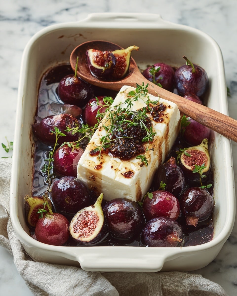 A white rectangular dish with a thick layer of soft white cheese at the center, topped with a drizzle of dark brown sauce and burnt bits, garnished with small green twig sprigs; around the cheese, there are many whole and halved figs showing a mix of deep purple skins and reddish seed-filled insides, all sitting in a glossy dark syrup that fills the dish; a wooden spoon rests on the cheese, holding some figs and sauce, and the dish is on a white marbled surface. photo taken with an iphone --ar 4:5 --v 7