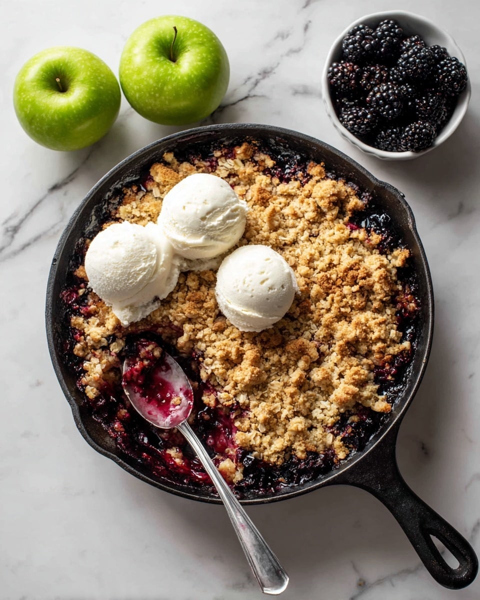 A black skillet filled with a warm, crumbly fruit crisp on a white marbled surface, showcasing a thick golden-brown crumbly oat topping covering a juicy, red mixed berry and apple base that peeks through in spots. Two round scoops of smooth white ice cream rest side by side on top of the crumble, slightly melting. A silver spoon with bits of fruit and crisp is placed on the edge of the skillet. Around the skillet, there are bright green apples and a white bowl filled with fresh blackberries. Photo taken with an iphone --ar 4:5 --v 7