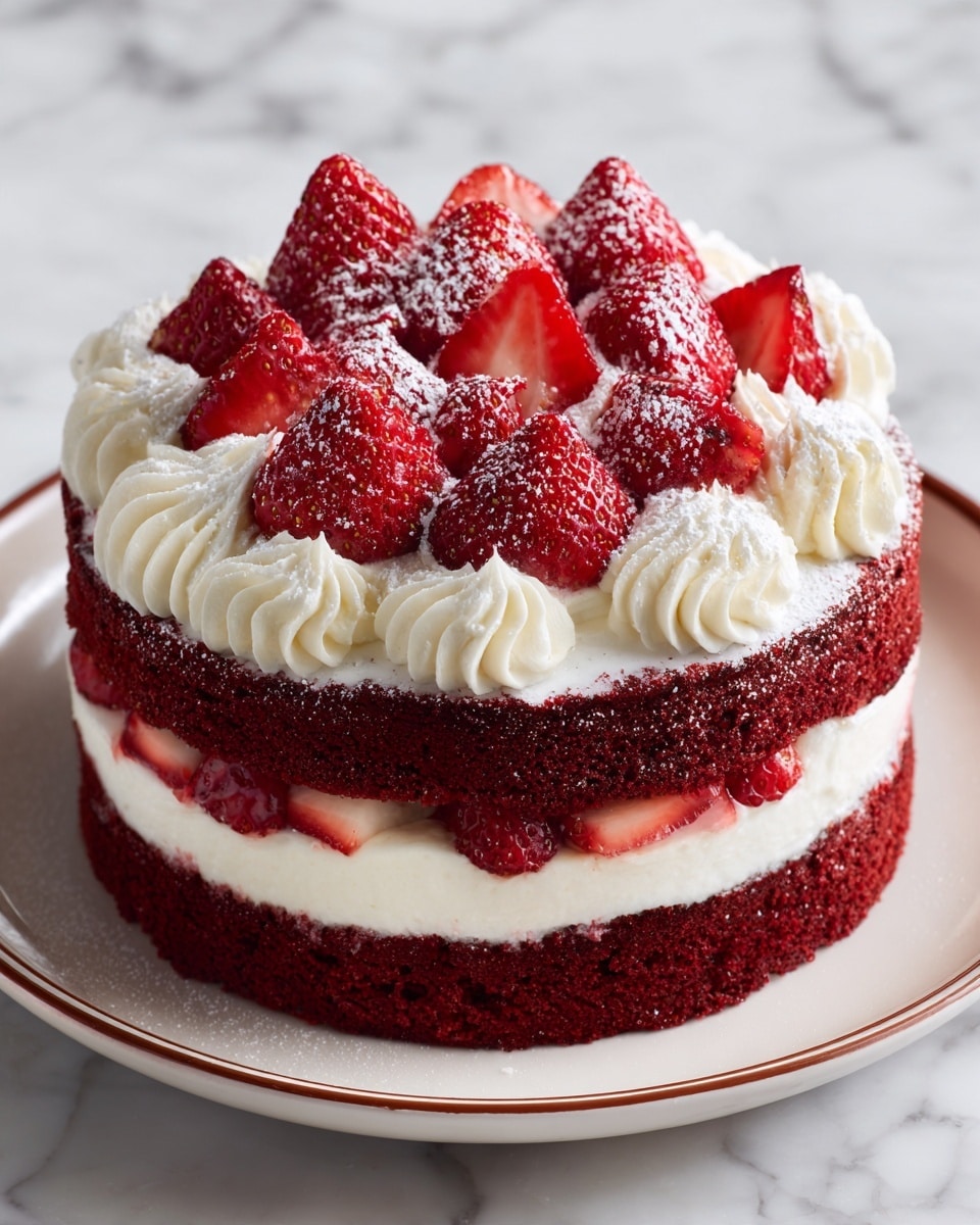 The image shows a round cake with two layers. The bottom layer is red and crumbly, while the middle layer is thick and white with smooth cream texture. On top of the cake, there is a layer of white cream swirled around the edge. The top is covered with whole fresh red strawberries, with one large strawberry in the center, and the strawberries are dusted lightly with white powdered sugar. The cake is placed on a white plate with a thin brown rim, set on a white marbled surface. photo taken with an iphone --ar 4:5 --v 7