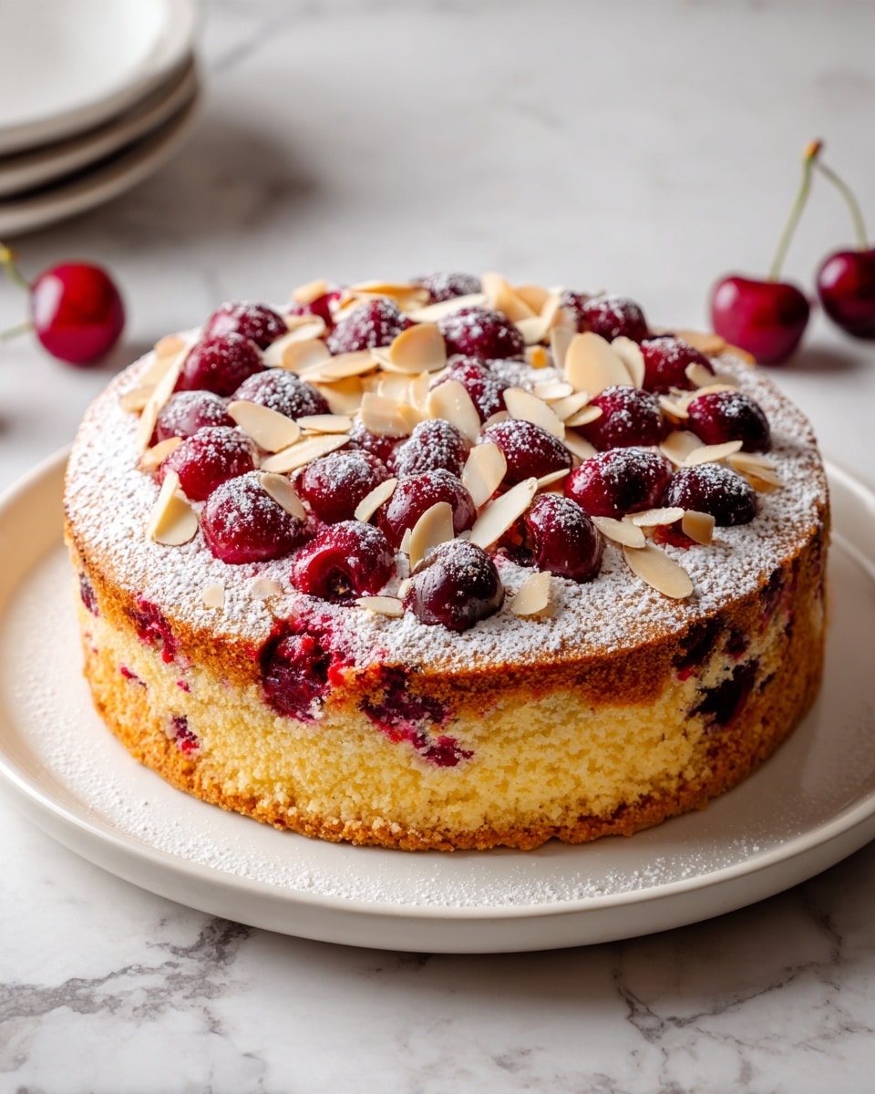 A round cake with two visible layers sits on a white plate against a white marbled surface. The bottom layer is golden brown and thick, with a slightly rough texture around the edges. The top layer is pale yellow, soft, and fluffy, spread evenly over the base. This layer is decorated with a glossy red fruit sauce lightly dripping down the sides, whole red cherries embedded within it, and scattered thin, light beige almond slices. A light dusting of white powdered sugar covers the top, adding a soft contrast to the bright red cherries and sauce. Photo taken with an iphone --ar 4:5 --v 7