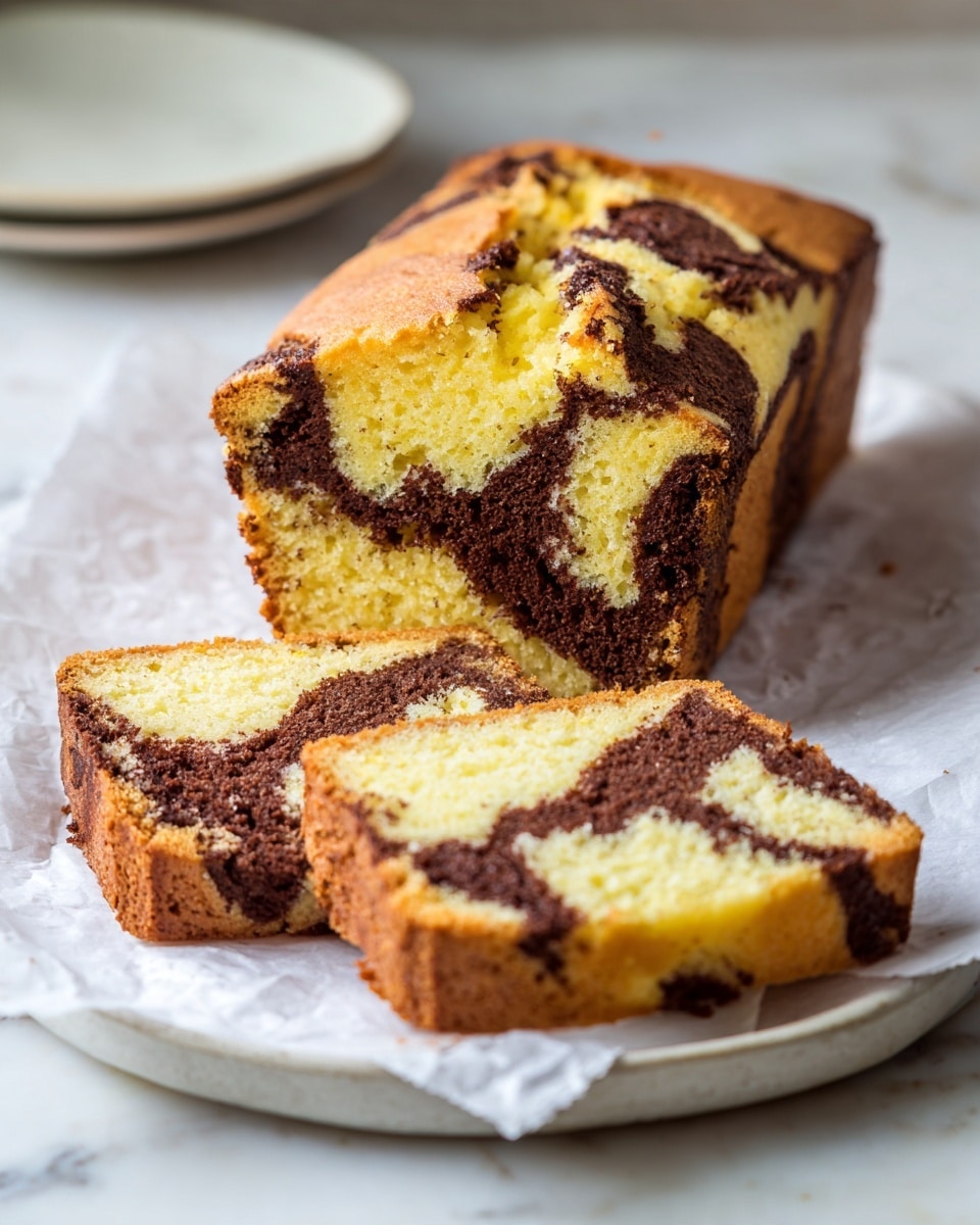 A close-up of a loaf cake with two slices cut from the front, showing a soft yellow cake with dark brown swirls of cinnamon inside. The cake has a golden-brown crust on the outside and an irregular but clear marbled pattern of cinnamon running through the light yellow interior. The cake sits on a white plate lined with light brown parchment paper, and the background is a smooth white marbled surface. photo taken with an iphone --ar 4:5 --v 7