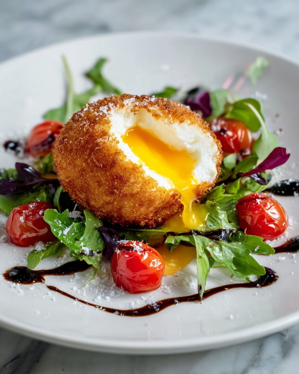 The image shows a white plate with a round golden-brown crispy fried cheese in the center, topped with a soft, creamy white cheese and a small runny bright yellow yolk in the middle. Around the cheese, there are shiny red cherry tomatoes and fresh green leafy herbs scattered evenly. The plate has a light sprinkle of coarse salt and a drizzle of dark balsamic glaze. The background is a white marbled texture. Photo taken with an iphone --ar 4:5 --v 7