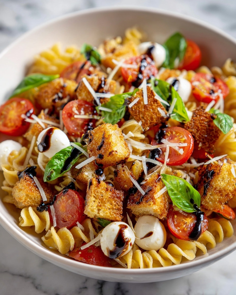 A white bowl filled with three layers: the bottom layer is light beige curly pasta, the middle layer has scattered halved bright red cherry tomatoes and small white mozzarella balls, and the top layer shows golden-brown crispy croutons, green shredded basil, and a drizzle of thick dark balsamic glaze all over. The mixture is also sprinkled with fine grated white cheese, all sitting on a white marbled surface. Photo taken with an iphone --ar 4:5 --v 7