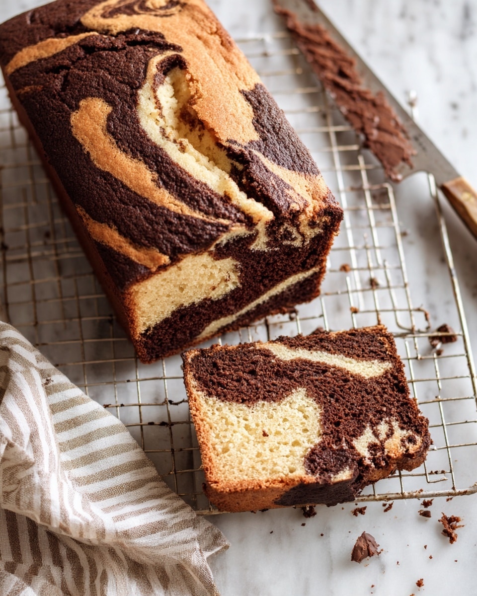A loaf of marbled cake with two visible layers, one light beige and one dark brown, sitting on a cooling rack over a white marbled surface. The cake has a swirled pattern of dark brown and beige on top with a slightly cracked texture. The front slice shows the inside with alternating patches and swirls of the dark brown and beige cake, giving a mixed layered look. There is a knife with some dark brown cake crumbs on the right side and a white and light beige striped cloth partially visible at the bottom. Photo taken with an iphone --ar 4:5 --v 7