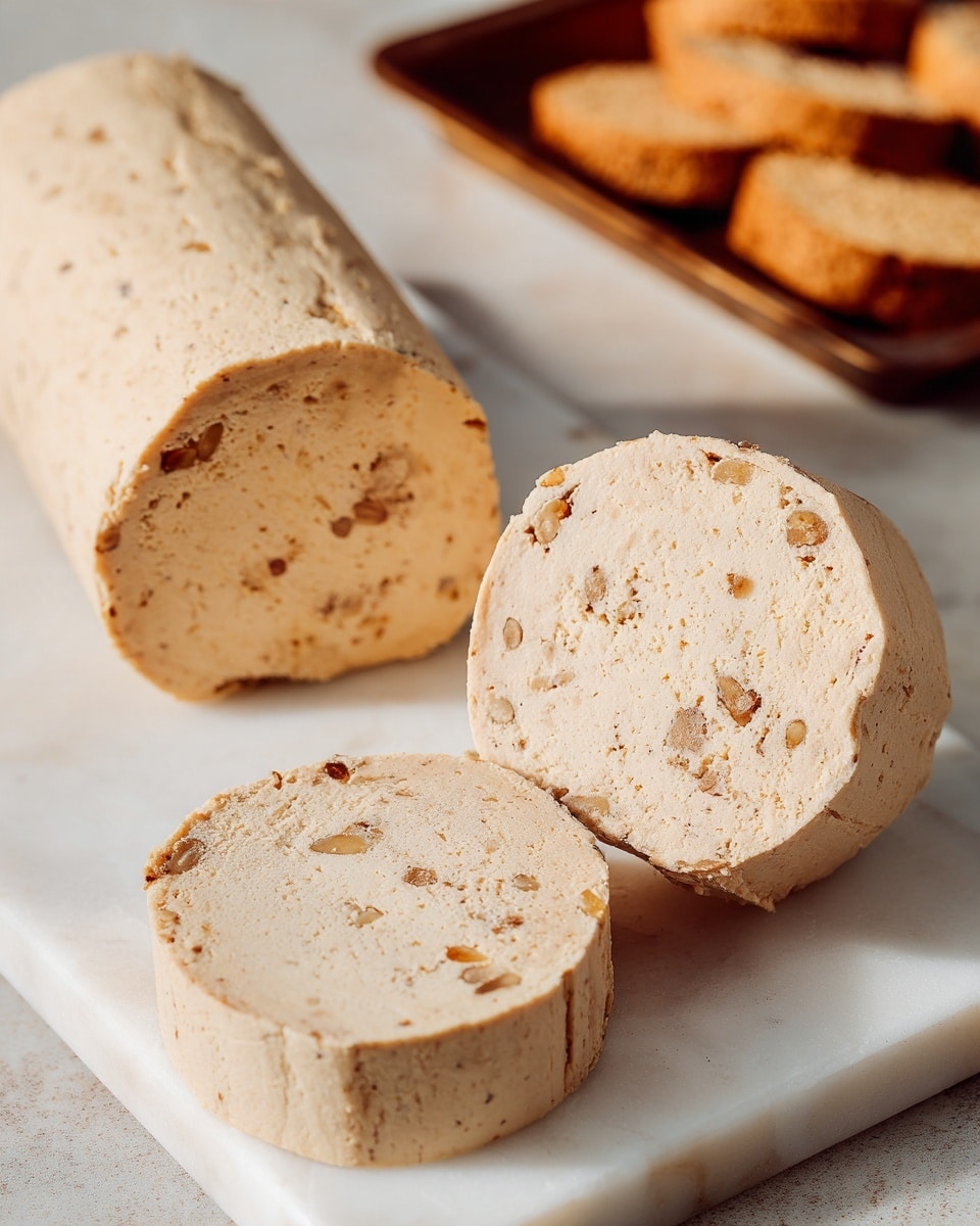 Two round logs of light beige dough with brown specks stand upright on a white marbled cutting board; in front of them are two thin slices showing the swirled texture inside. The background shows a baking tray with small golden brown baked pieces, and there are a few scattered golden pieces on the cutting board near the logs. The setting is simple and bright with a white marbled surface, and the photo is taken with an iphone --ar 4:5 --v 7