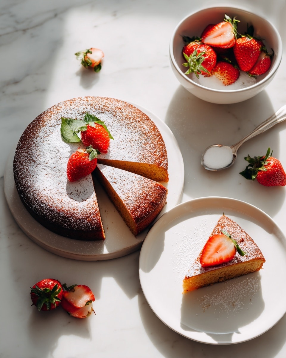 A round, golden-brown cake dusted with white powdered sugar sits on a white plate on a white marbled background. The cake has a single slice removed from the right side, revealing one smooth, dense layer inside. Three halved strawberries with bright red flesh and green tops are placed on top of the cake near the cut edge. To the upper left, there is a smaller white plate holding two whole strawberries and two halved strawberries with visible seeds and green leafy tops. Above the cake, part of another white plate holds the removed slice of cake topped with a halved strawberry and a light sprinkle of powdered sugar. Some additional strawberry halves lie to the right of this upper plate. Photo taken with an iphone --ar 4:5 --v 7