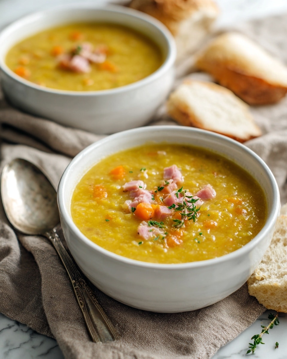 Two bowls of thick yellow soup sit on a white marbled surface over a brown cloth. The soup has small chunks of pink meat, orange carrot pieces, and green herbs sprinkled on top. Beside one bowl is a silver spoon, and torn pieces of white bread rest nearby. The bowls are white with a simple texture, showing smooth edges filled with the hearty soup. Photo taken with an iphone --ar 4:5 --v 7