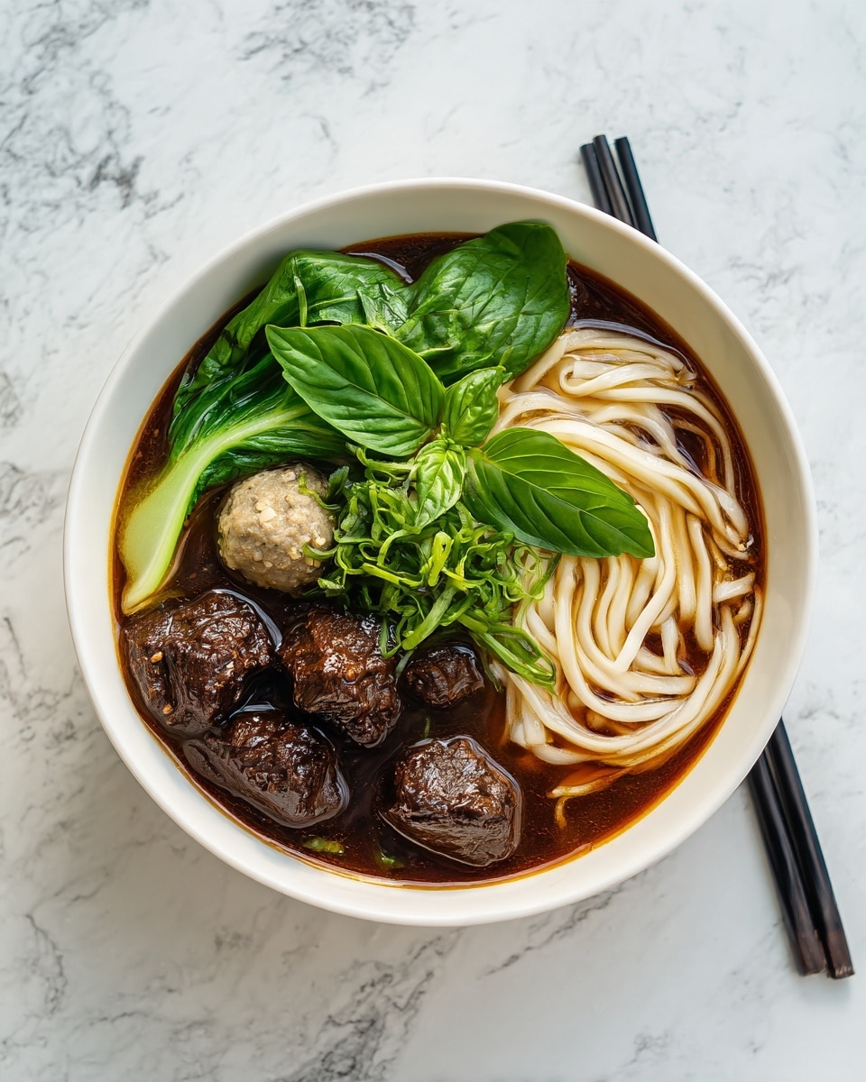 A white bowl filled with dark brown broth, with thick, white noodles curled on the right side. On the top left, there are bright green leafy vegetables and stalks. There are several dark brown, tender-looking meat pieces in the broth, along with three light brown meatballs placed near the vegetables and noodles. Fresh green basil leaves rest in the center, adding a touch of brightness. The bowl sits on a white marbled surface with two black chopsticks placed behind it. Photo taken with an iphone --ar 4:5 --v 7
