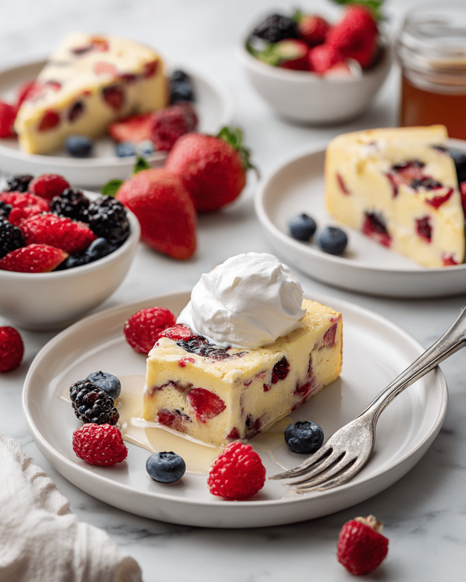 A white plate with a slice of yellow dessert containing strawberries, blueberries, and raspberries baked inside, sitting in the center. A small dollop of white cream with a light drizzle of honey or syrup sits on one corner of the slice. Fresh raspberries, strawberries, and blueberries are scattered around the slice on the plate. A silver fork rests on the right side of the plate. The plate is placed on a white marbled surface, with part of another plate holding additional slices of the dessert and berries visible in the top left corner. Small bowls of fresh berries and syrup are partially visible on the right side. photo taken with an iphone --ar 4:5 --v 7